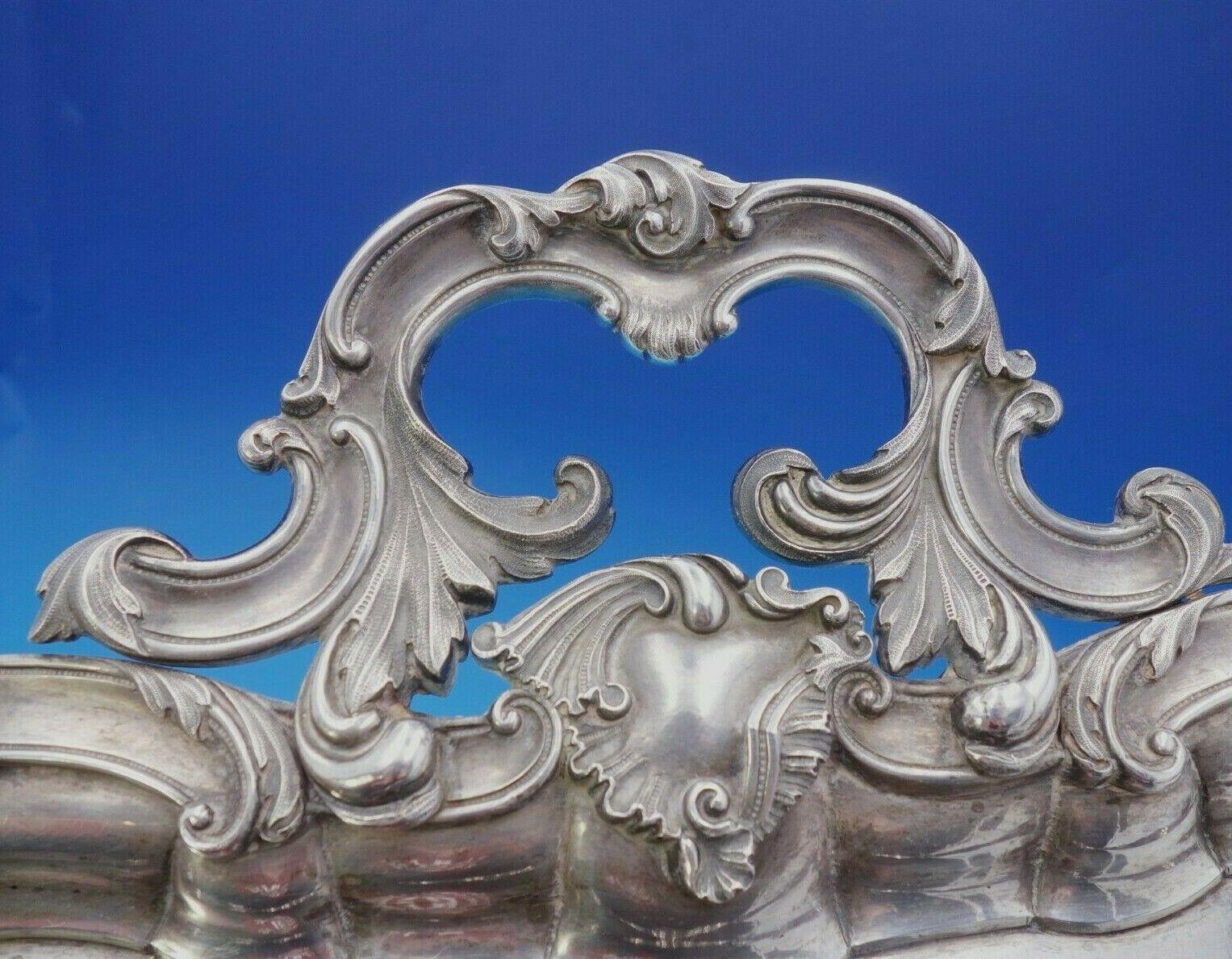 Stunning Italian .950 silver Louis XV style tea tray with ornate rococo border and applied handles (maker unknown). This piece measures 29