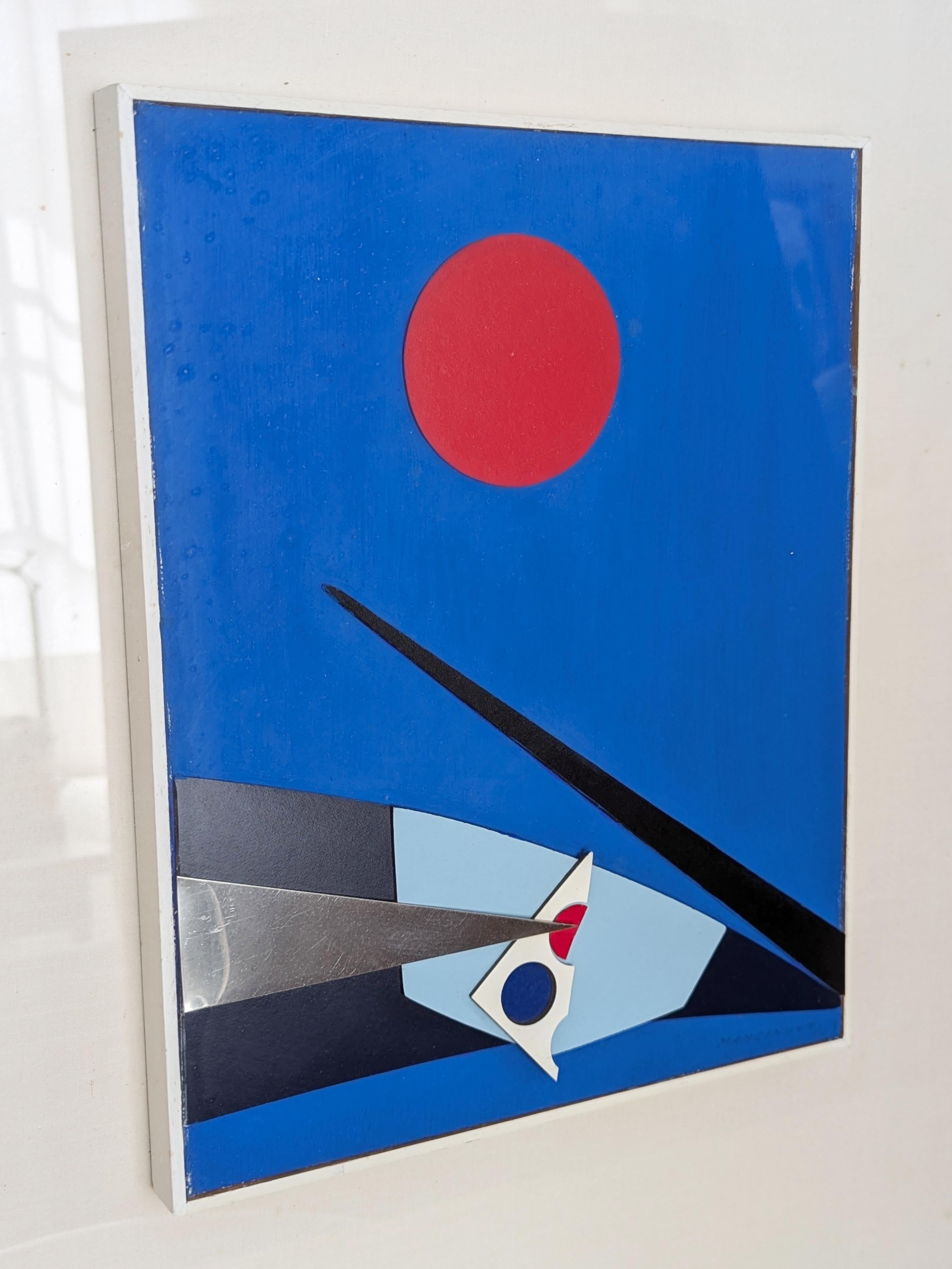 Œuvre abstraite réalisée avec une technique mixte (peinture et collage) par Bruno Mancinotti dans les années 70. L'œuvre est présentée dans son cadre d'origine en aluminium et bois peint en blanc (léger défaut). Signature en bas à droite et au dos