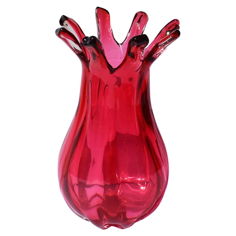 Italian Abstract Modernist Faceted Tall Red Berry Color Murano Glass Vase For Sale