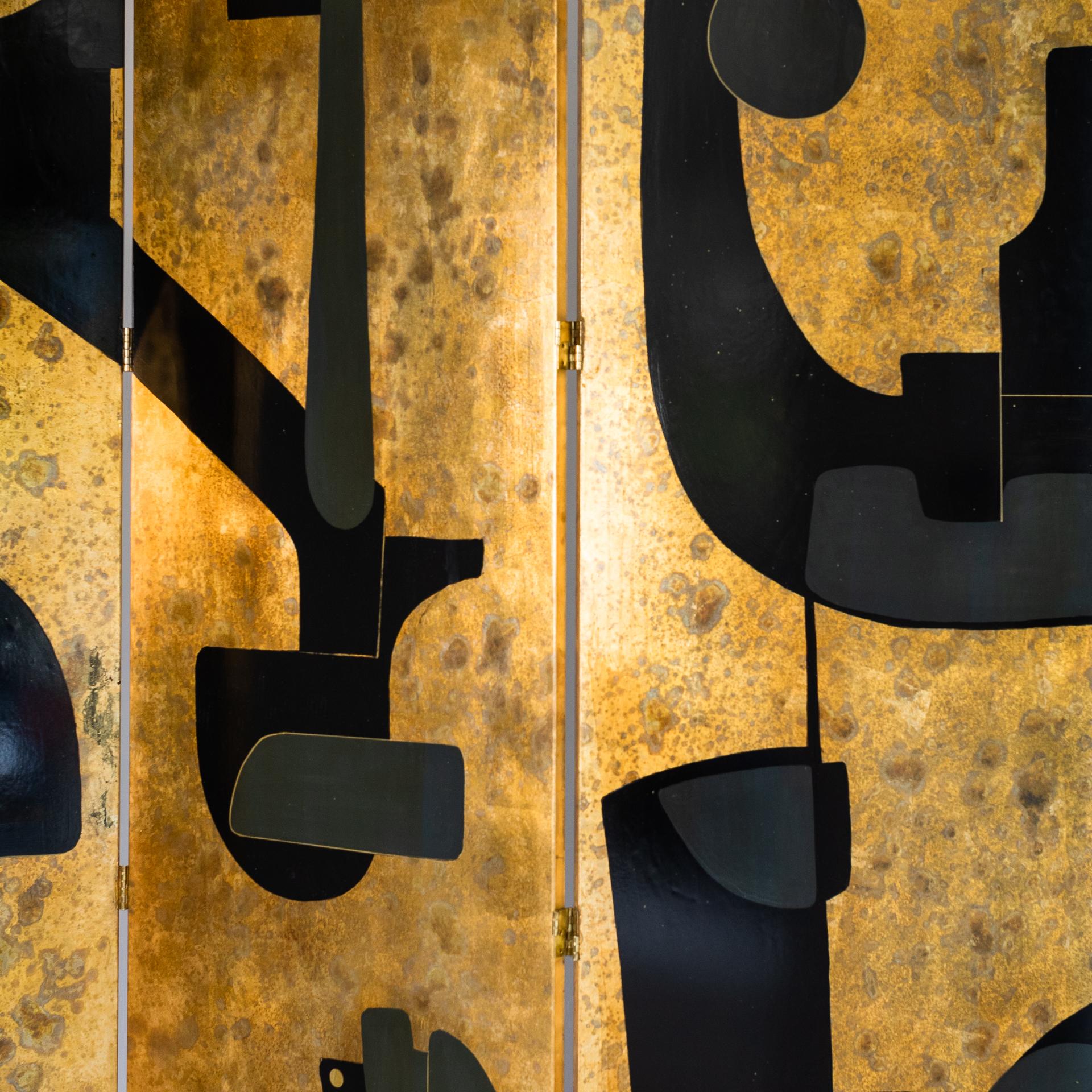 Italian Abstract Painted 3-Panel Screen in Gold/Black/Grey by Stefano Pertini 2