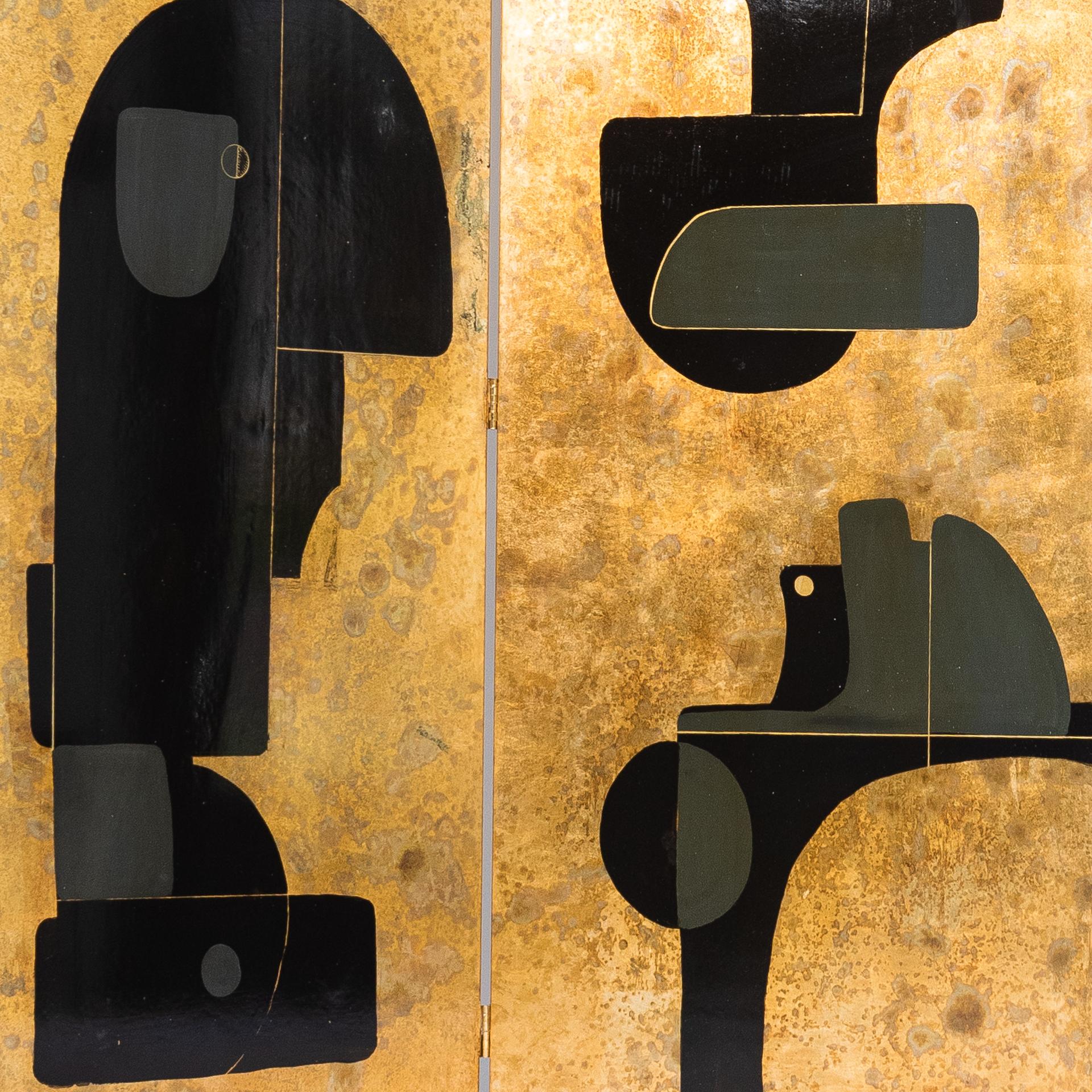 Italian Abstract Painted 3-Panel Screen in Gold/Black/Grey by Stefano Pertini 3