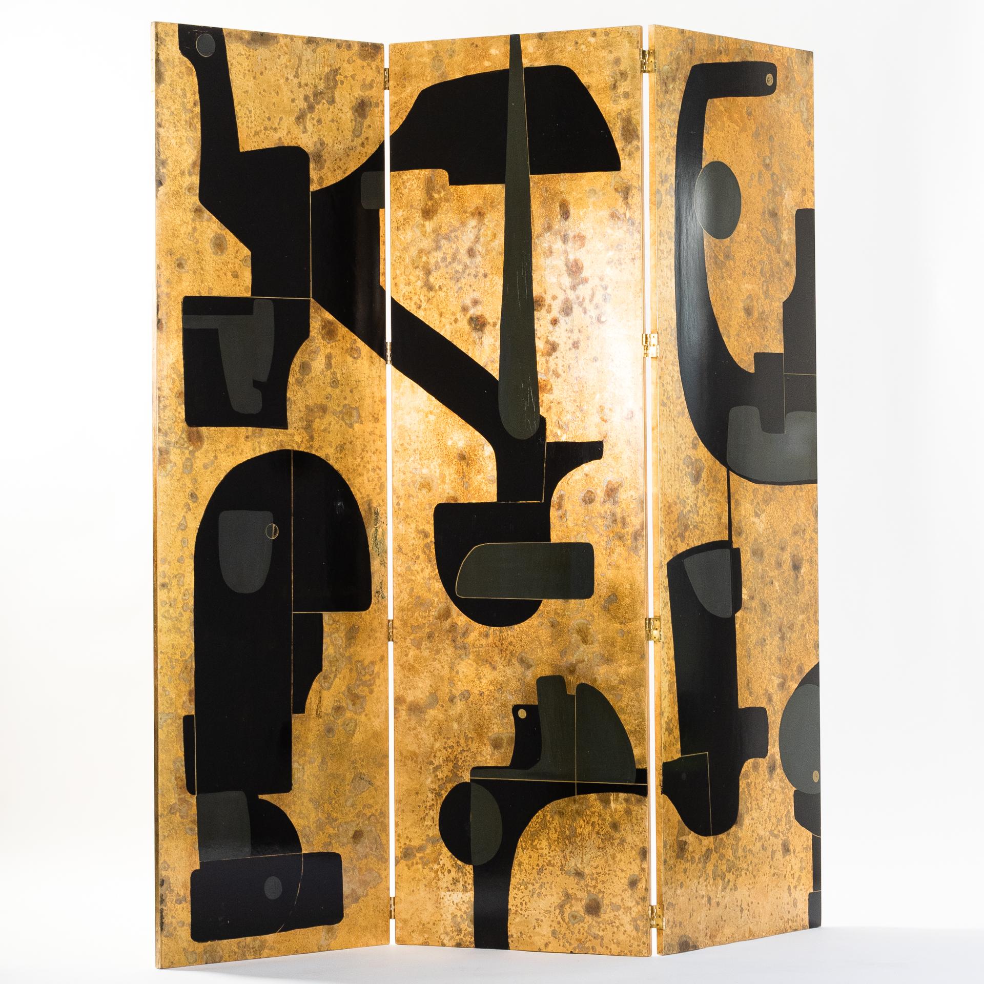 Mid-Century Modern Italian Abstract Painted 3-Panel Screen in Gold/Black/Grey by Stefano Pertini