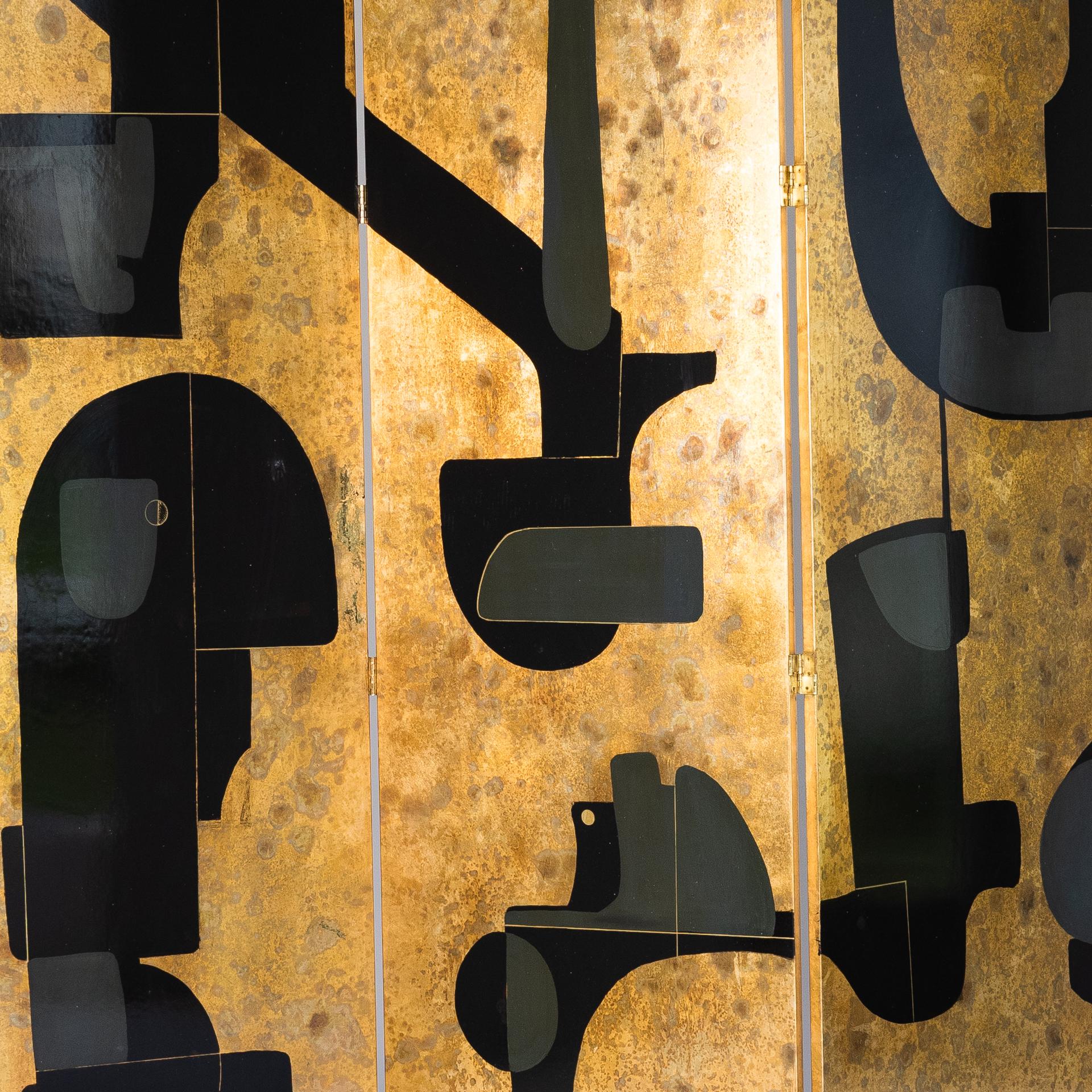 Gilt Italian Abstract Painted 3-Panel Screen in Gold/Black/Grey by Stefano Pertini