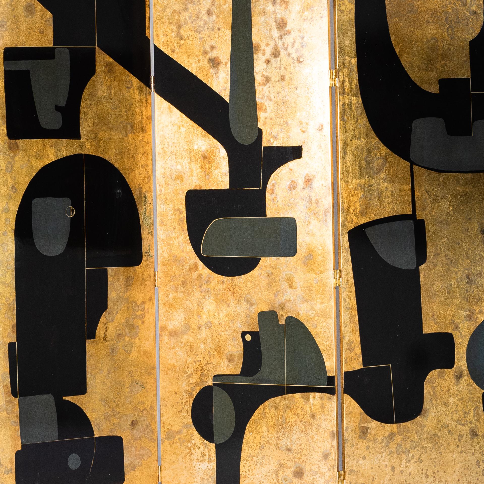 Late 20th Century Italian Abstract Painted 3-Panel Screen in Gold/Black/Grey by Stefano Pertini