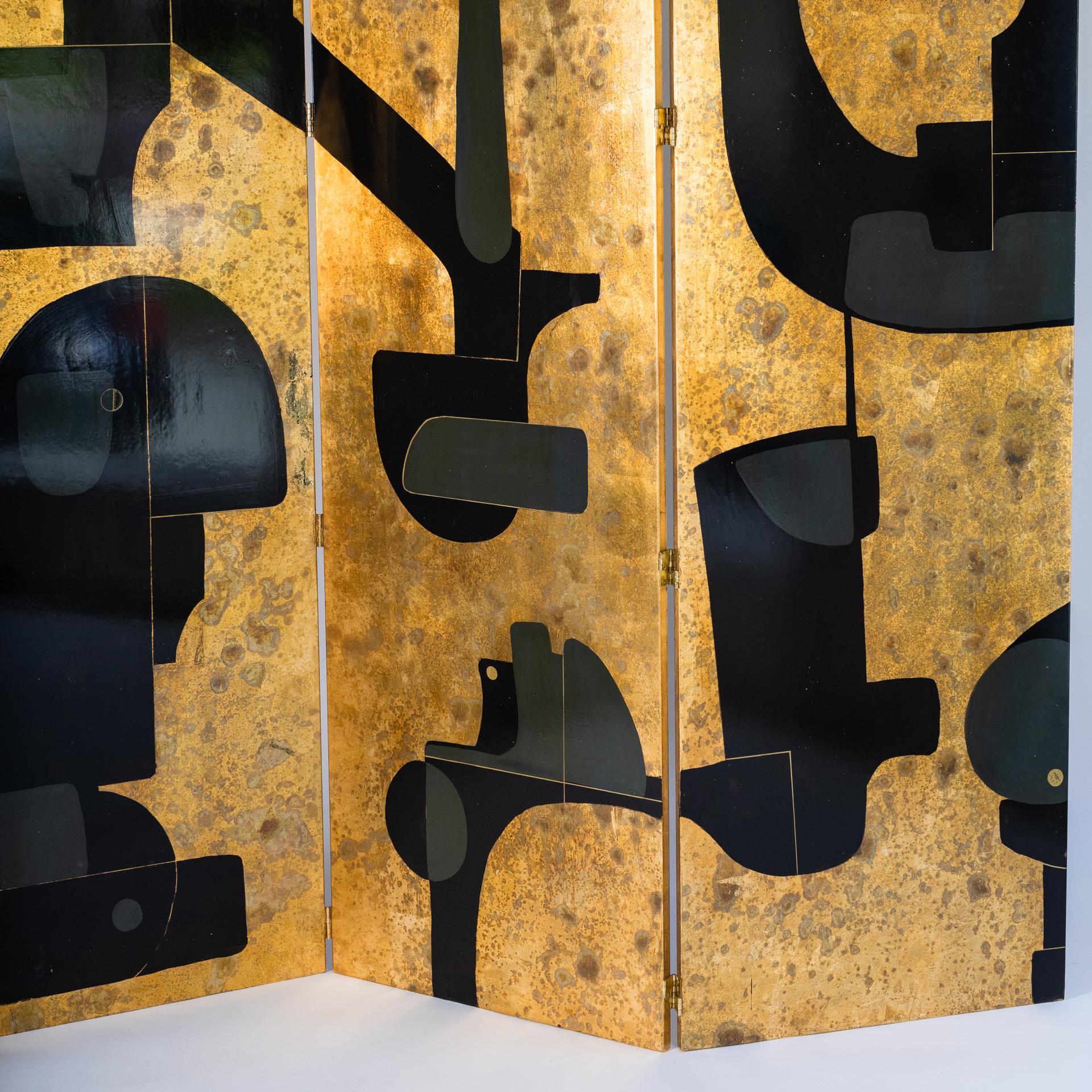 Italian Abstract Painted 3-Panel Screen in Gold/Black/Grey by Stefano Pertini 1
