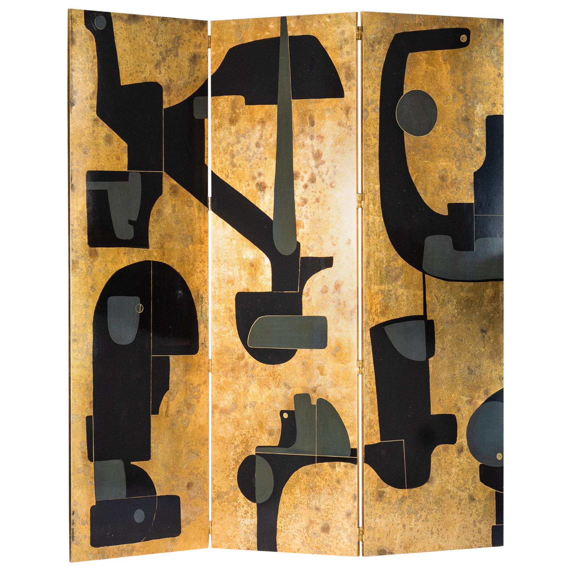 Italian Abstract Painted 3-Panel Screen in Gold/Black/Grey by Stefano Pertini