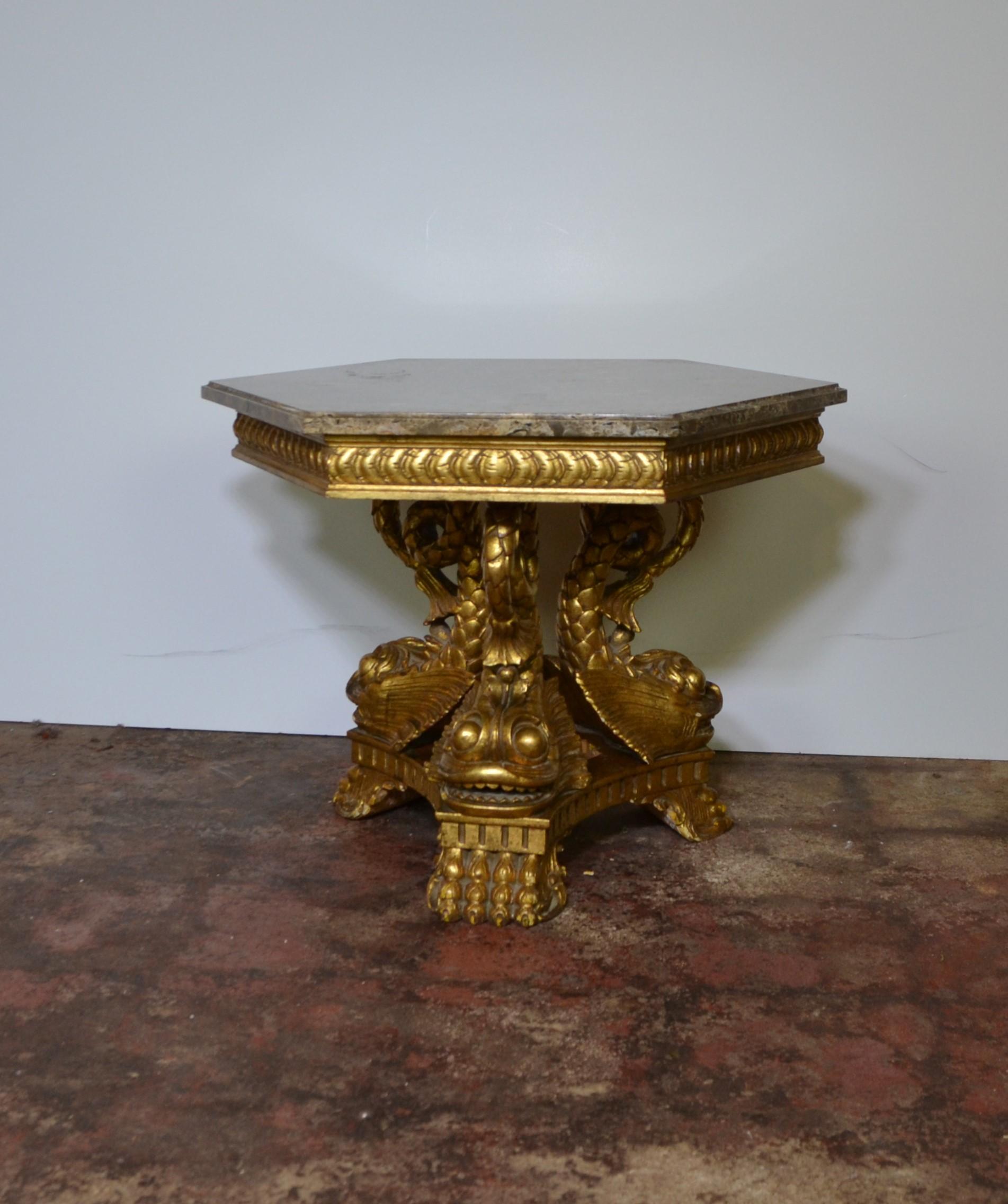 Wood carved Koi fish accent table with marble top.