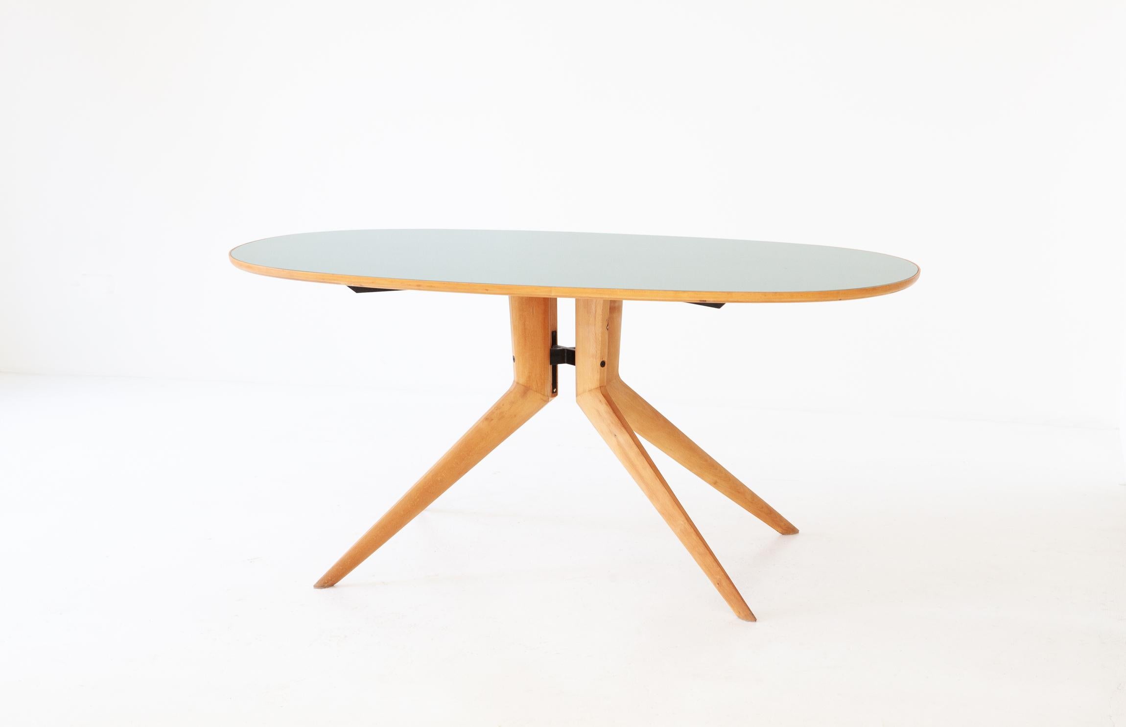 Mid-Century Modern Italian Acer Dining Table with Light Green Glass Top