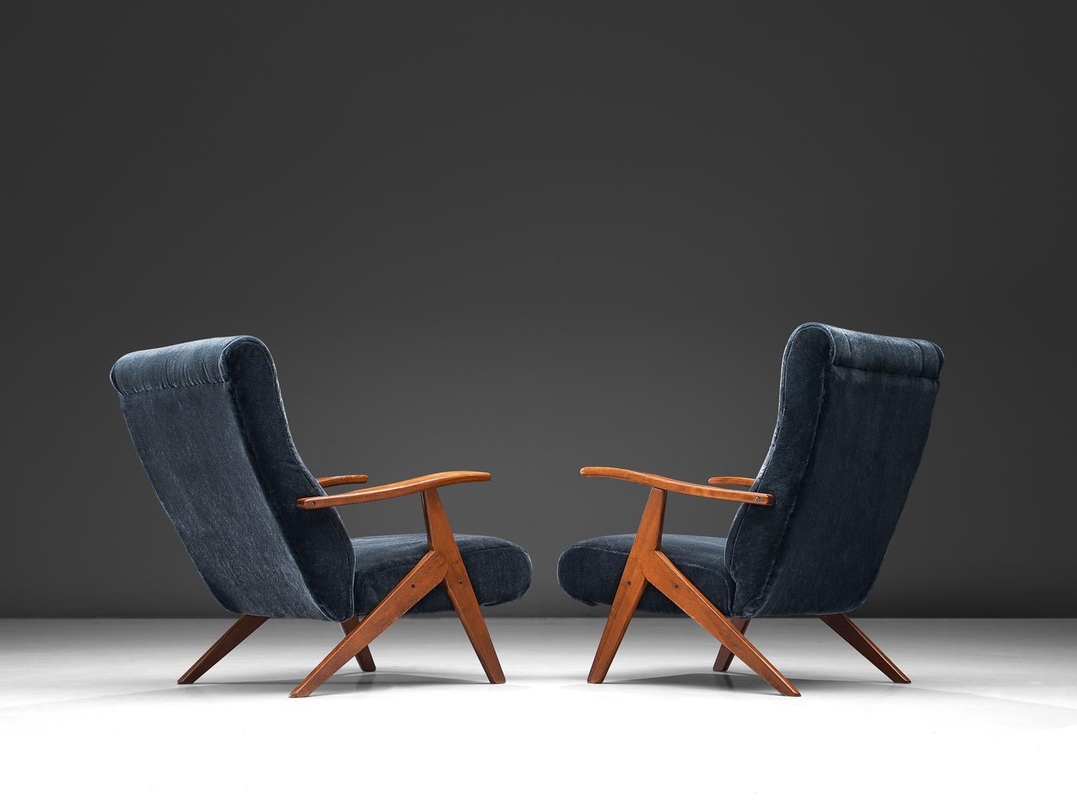 Mid-Century Modern Italian Adjustable Blue Velvet Lounge Chairs