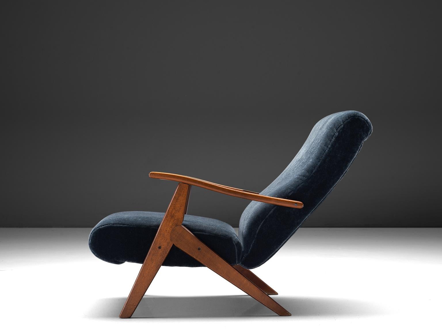 Italian Adjustable Blue Velvet Lounge Chairs 2