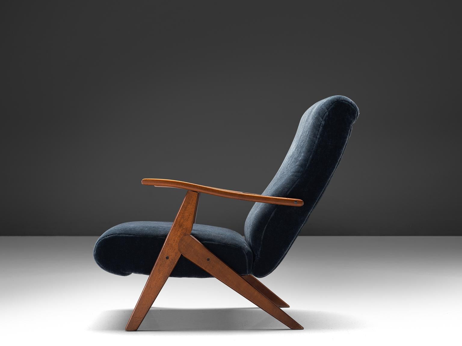 Italian Adjustable Blue Velvet Lounge Chairs 3