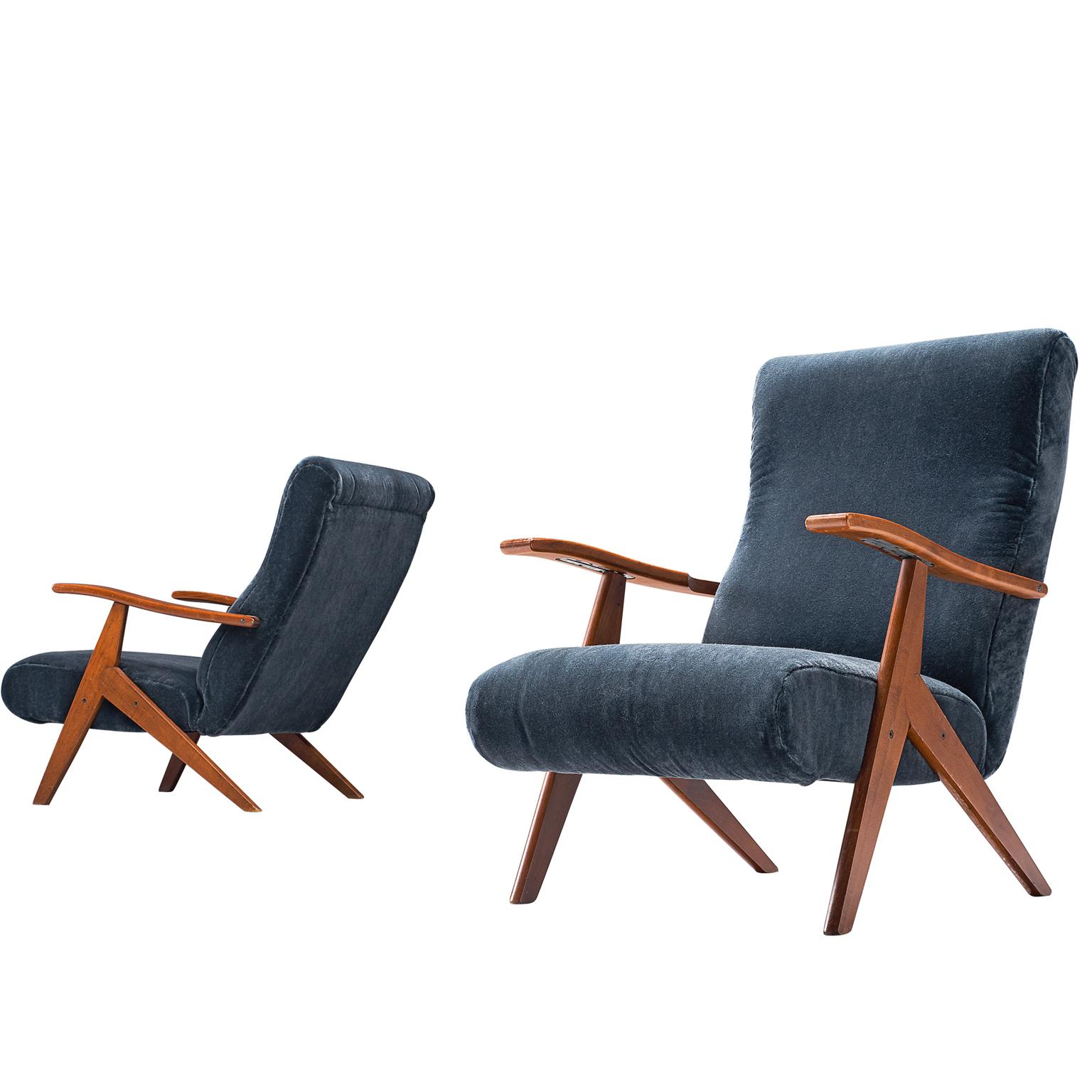 Italian Adjustable Blue Velvet Lounge Chairs