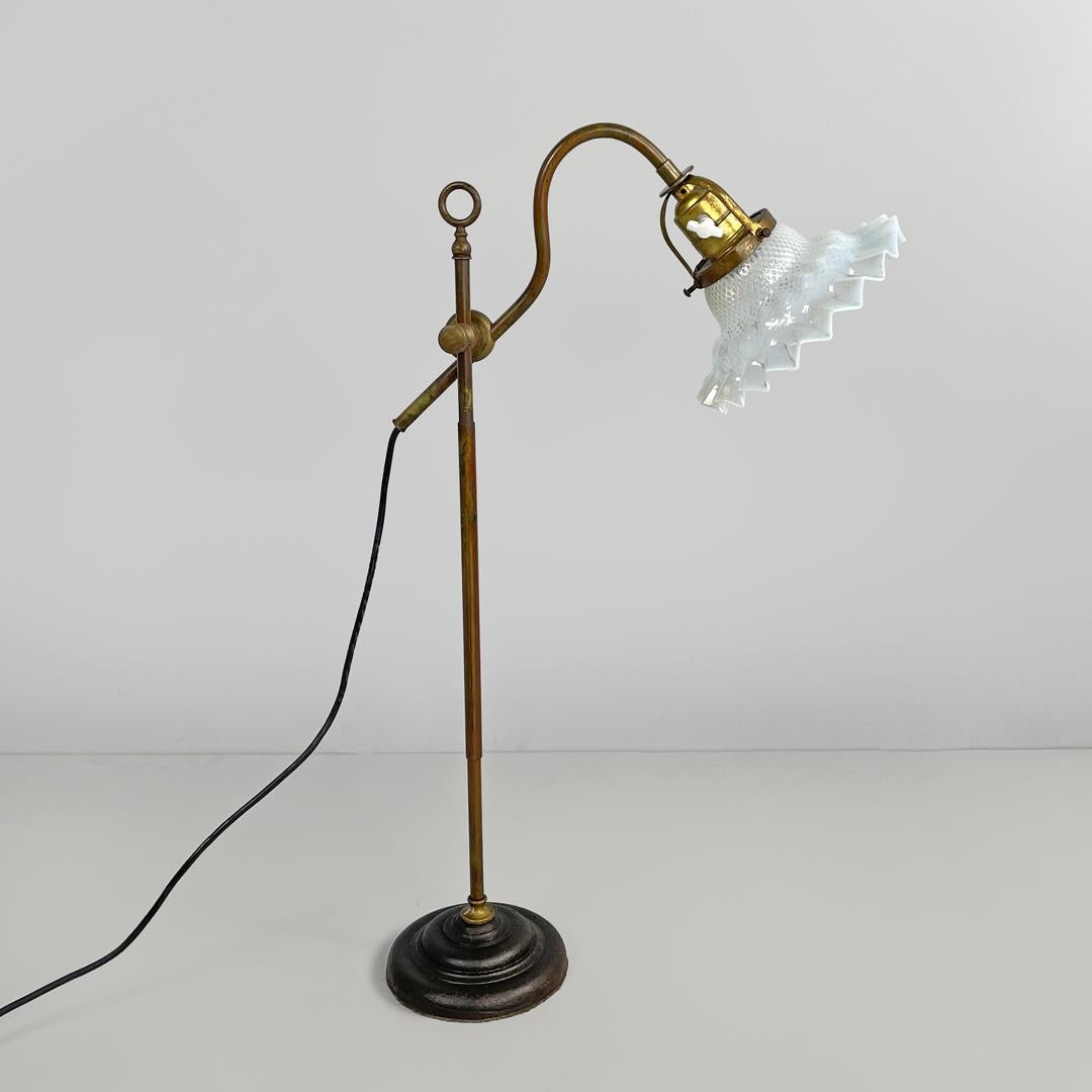 Early 20th Century Italian adjustable brass and glass table lamp with ceramic switch, early 1900s