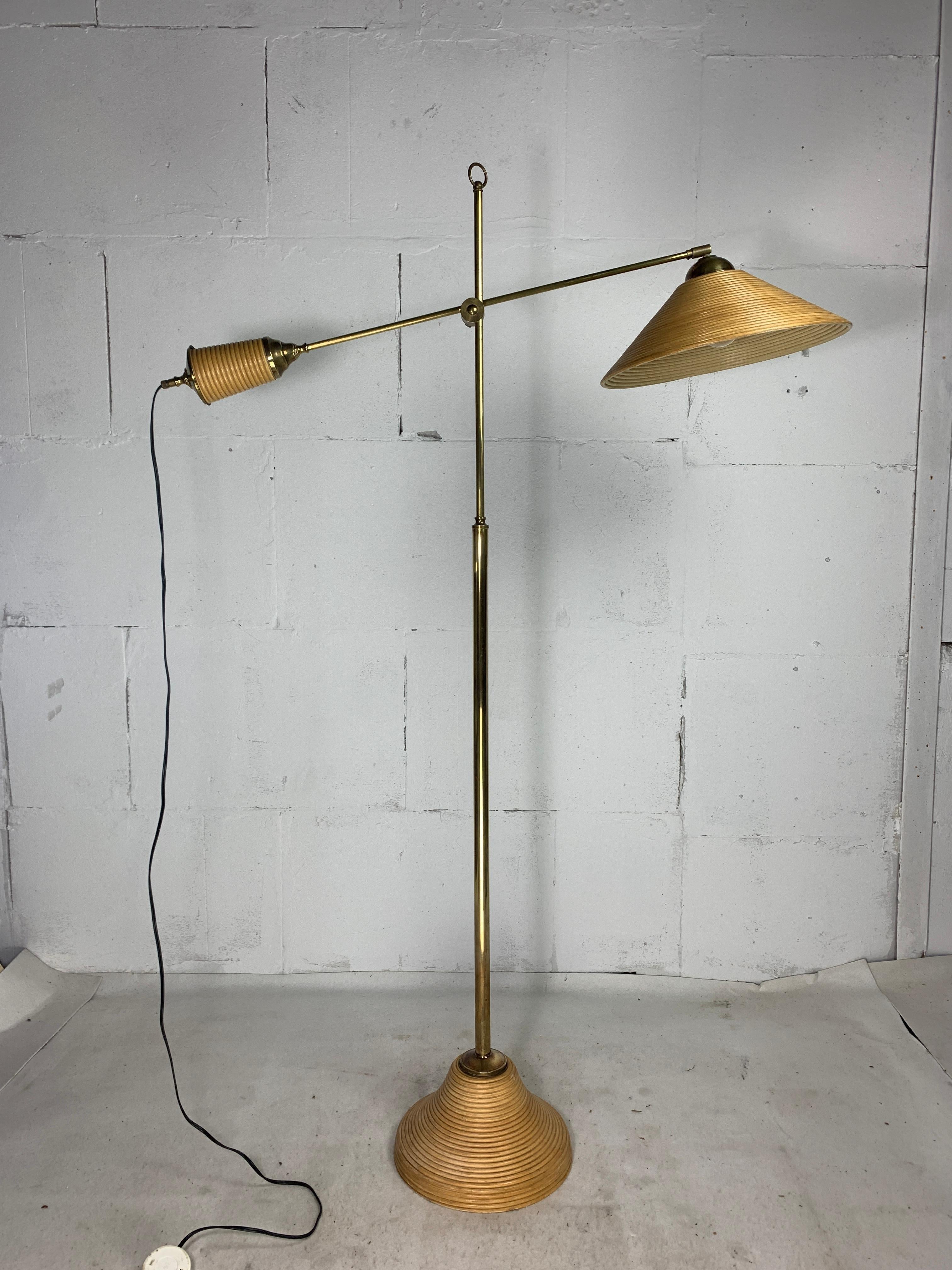 Italian Adjustable Floor Lamp in Pencil Reed, Bamboo, Rattan and Brass, 1970s 7