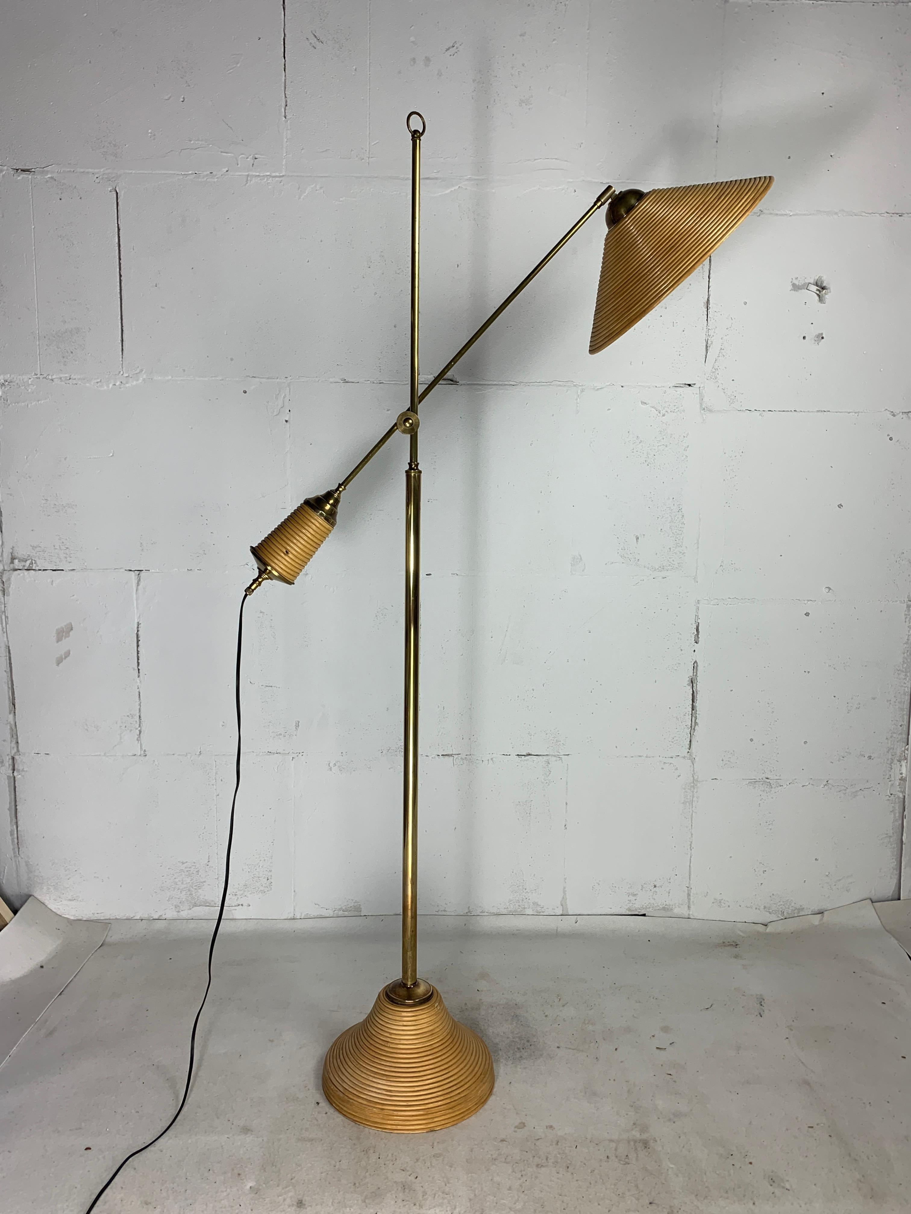 Italian Adjustable Floor Lamp in Pencil Reed, Bamboo, Rattan and Brass, 1970s 11