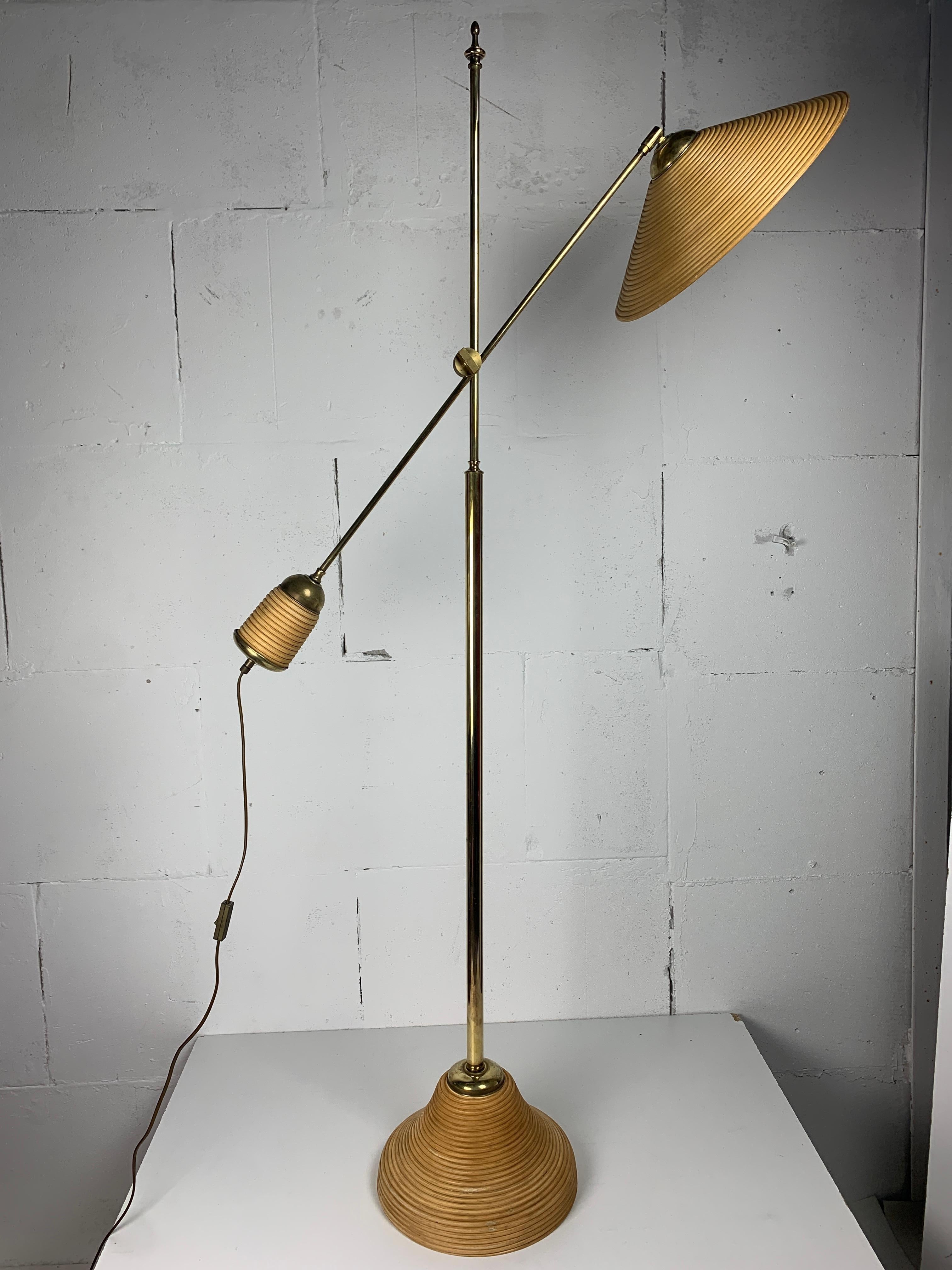 Italian Adjustable Floor Lamp in Pencil Reed, Bamboo, Rattan and Brass, 1970s 10