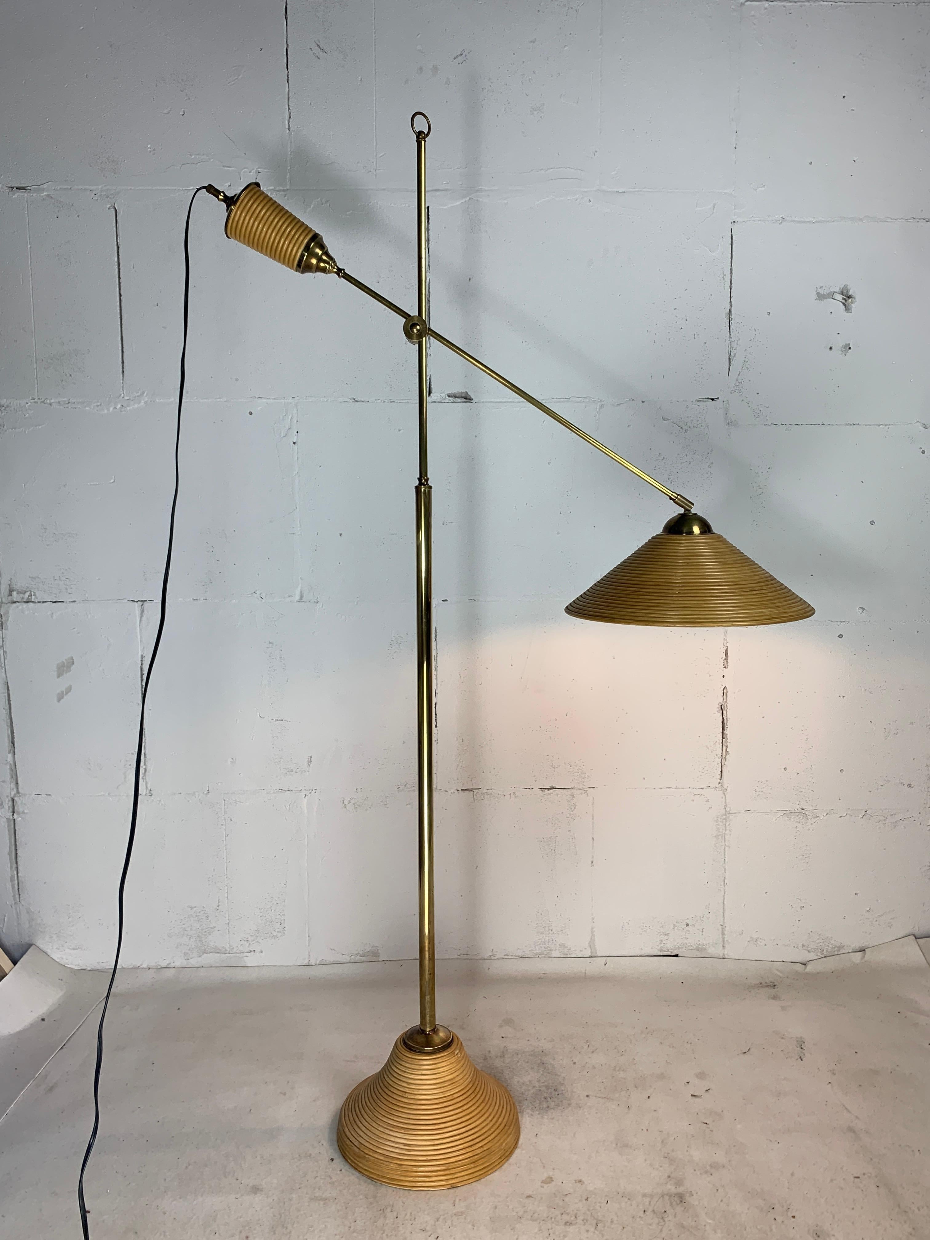 Italian Adjustable Floor Lamp in Pencil Reed, Bamboo, Rattan and Brass, 1970s 12