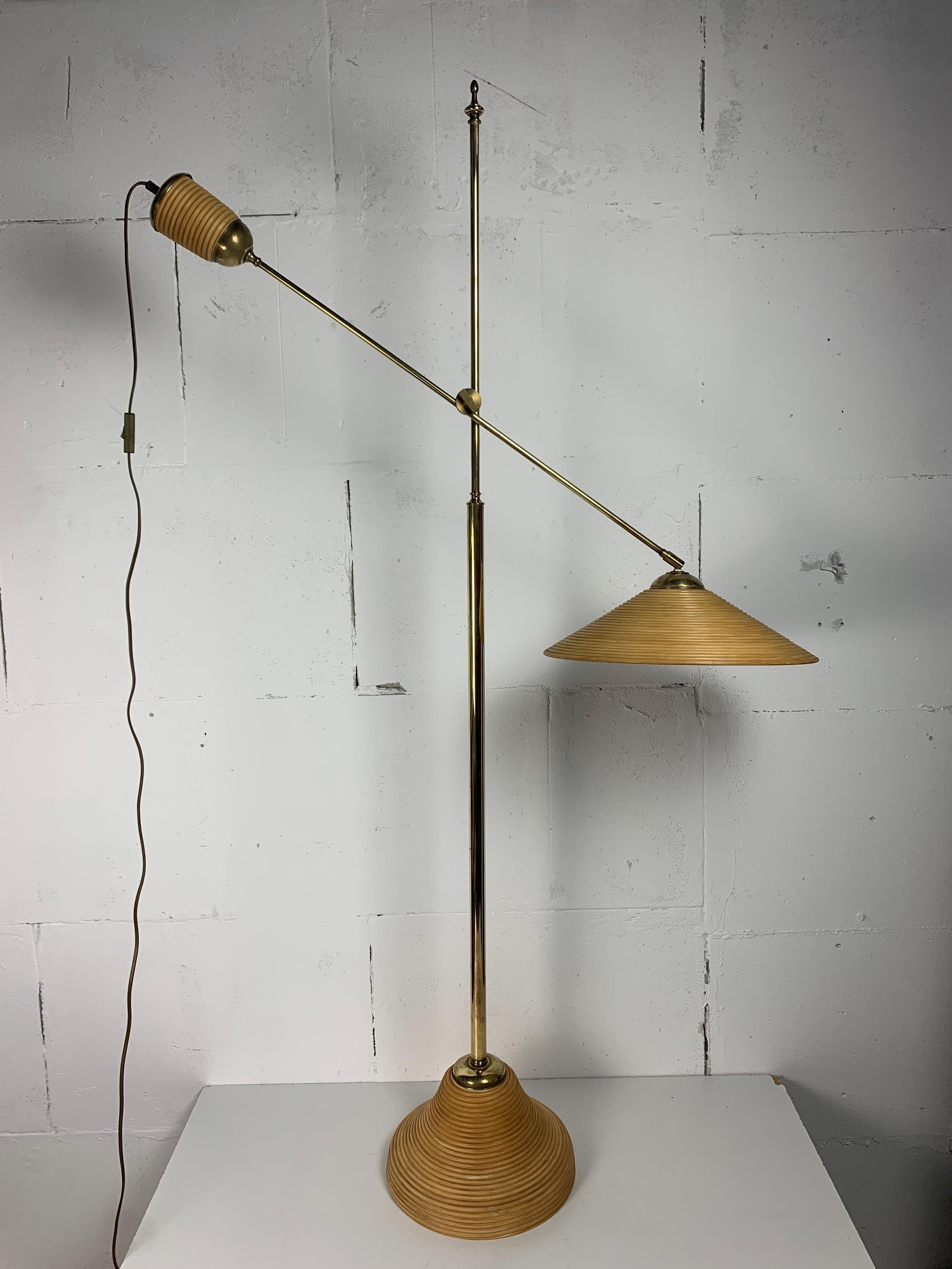 Italian Adjustable Floor Lamp in Pencil Reed, Bamboo, Rattan and Brass, 1970s 11