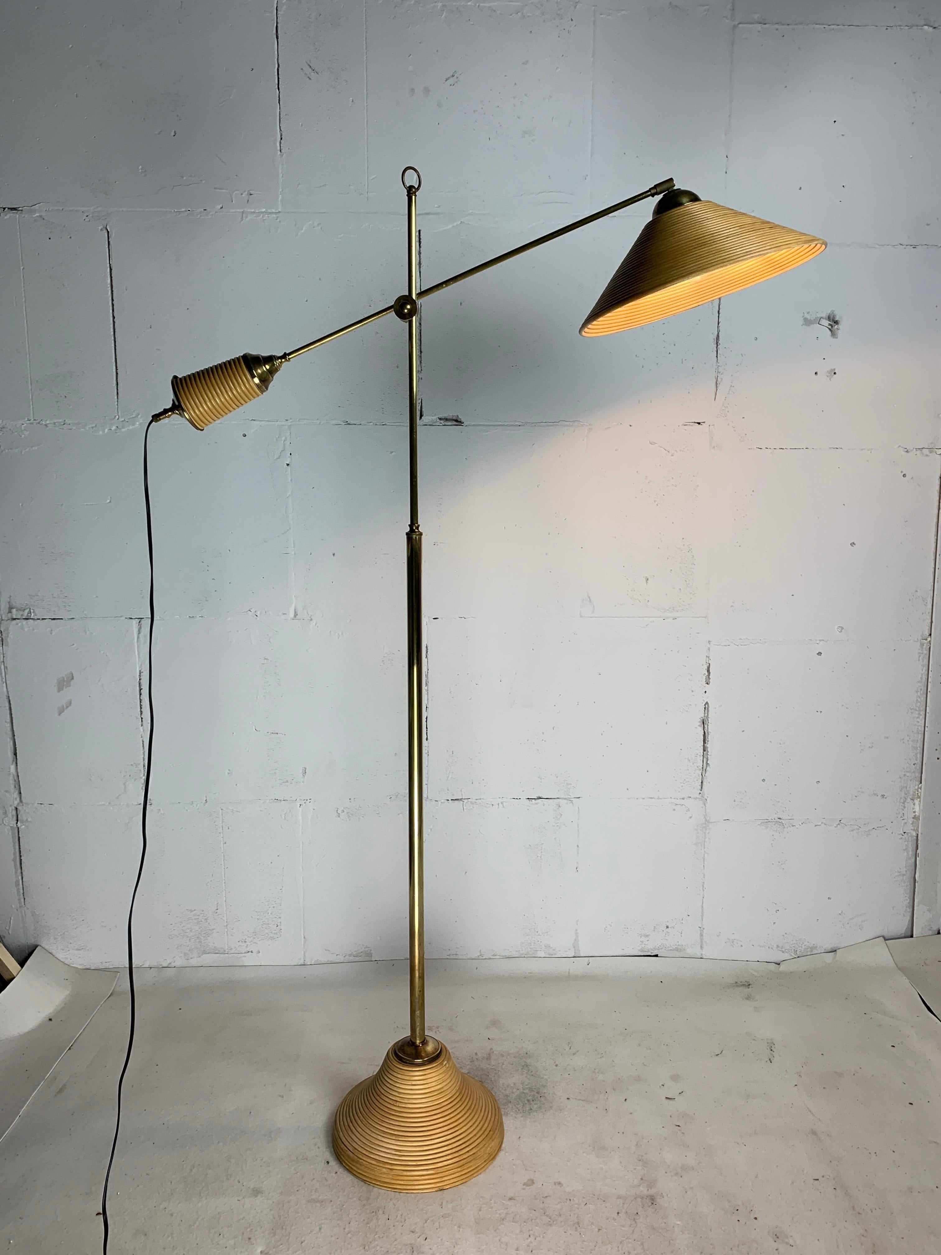 Italian Adjustable Floor Lamp in Pencil Reed, Bamboo, Rattan and Brass, 1970s 13