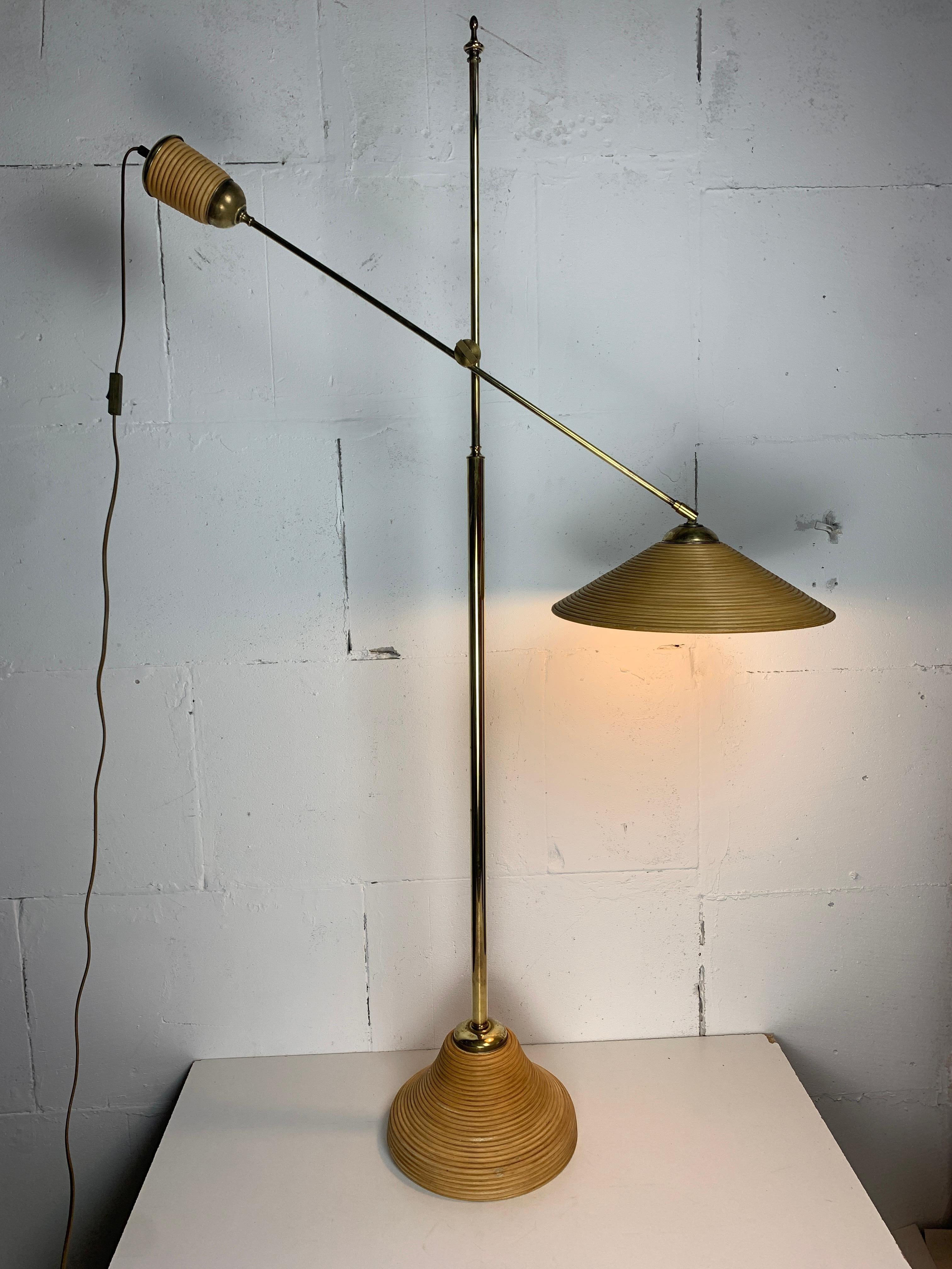 Italian Adjustable Floor Lamp in Pencil Reed, Bamboo, Rattan and Brass, 1970s 12