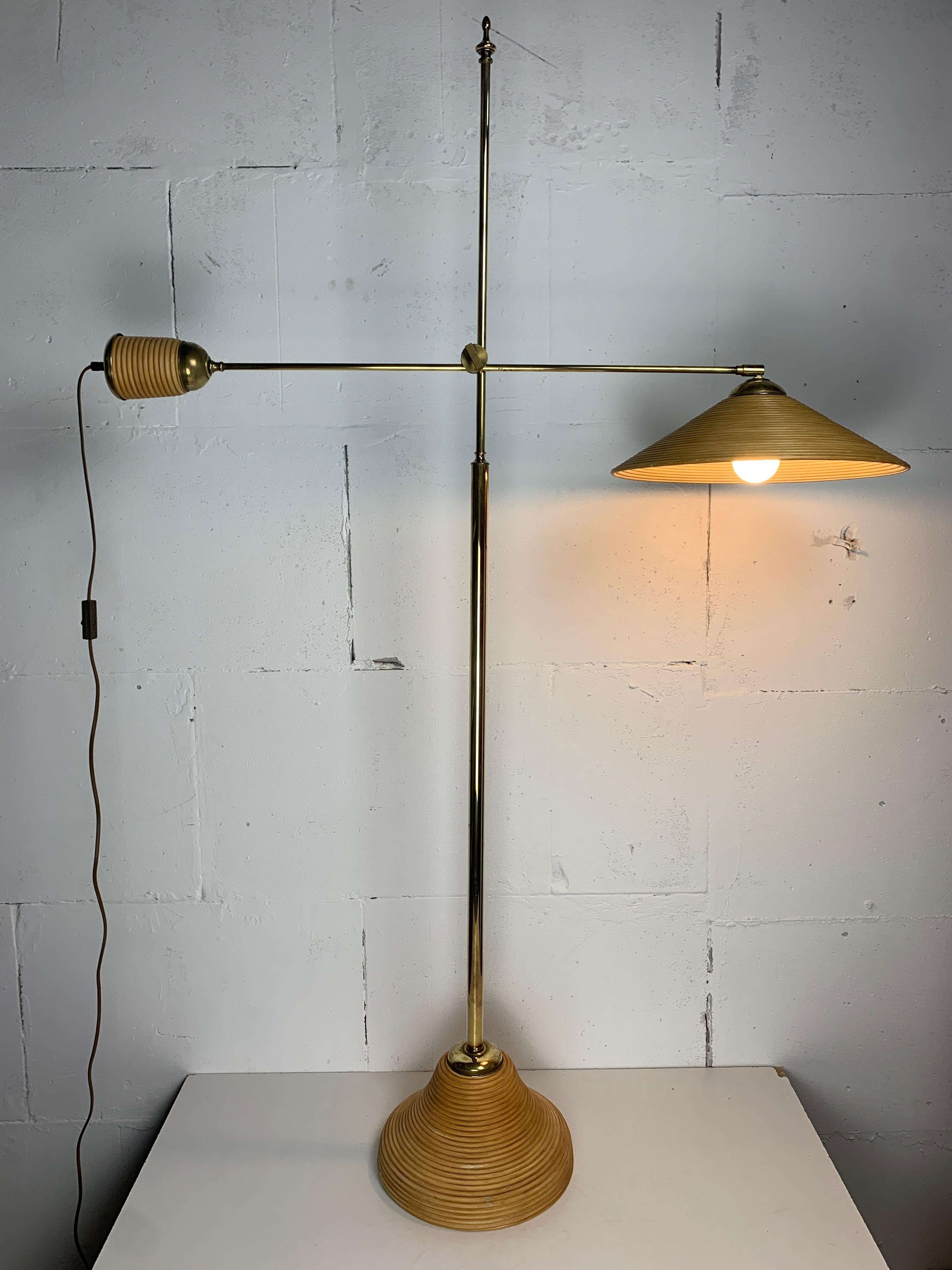 Italian Adjustable Floor Lamp in Pencil Reed, Bamboo, Rattan and Brass, 1970s 13