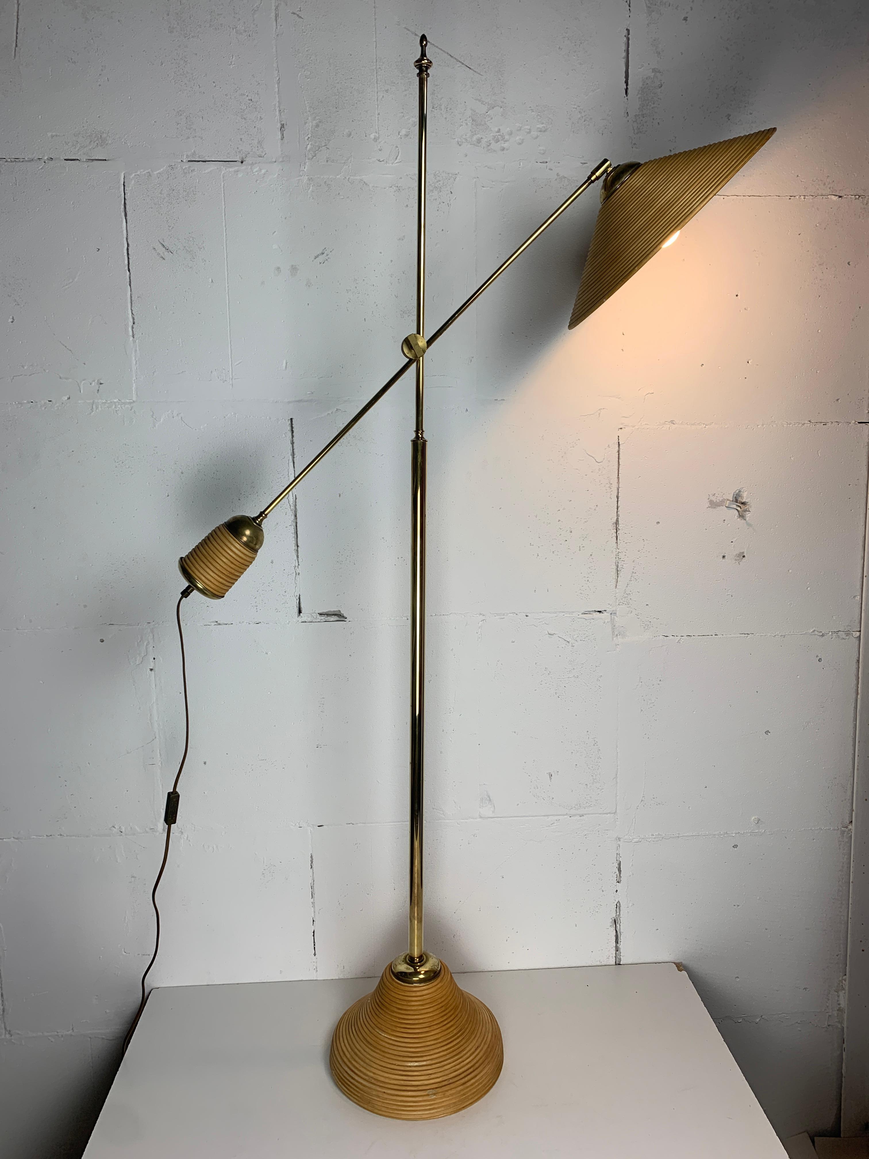 Italian Adjustable Floor Lamp in Pencil Reed, Bamboo, Rattan and Brass, 1970s 14