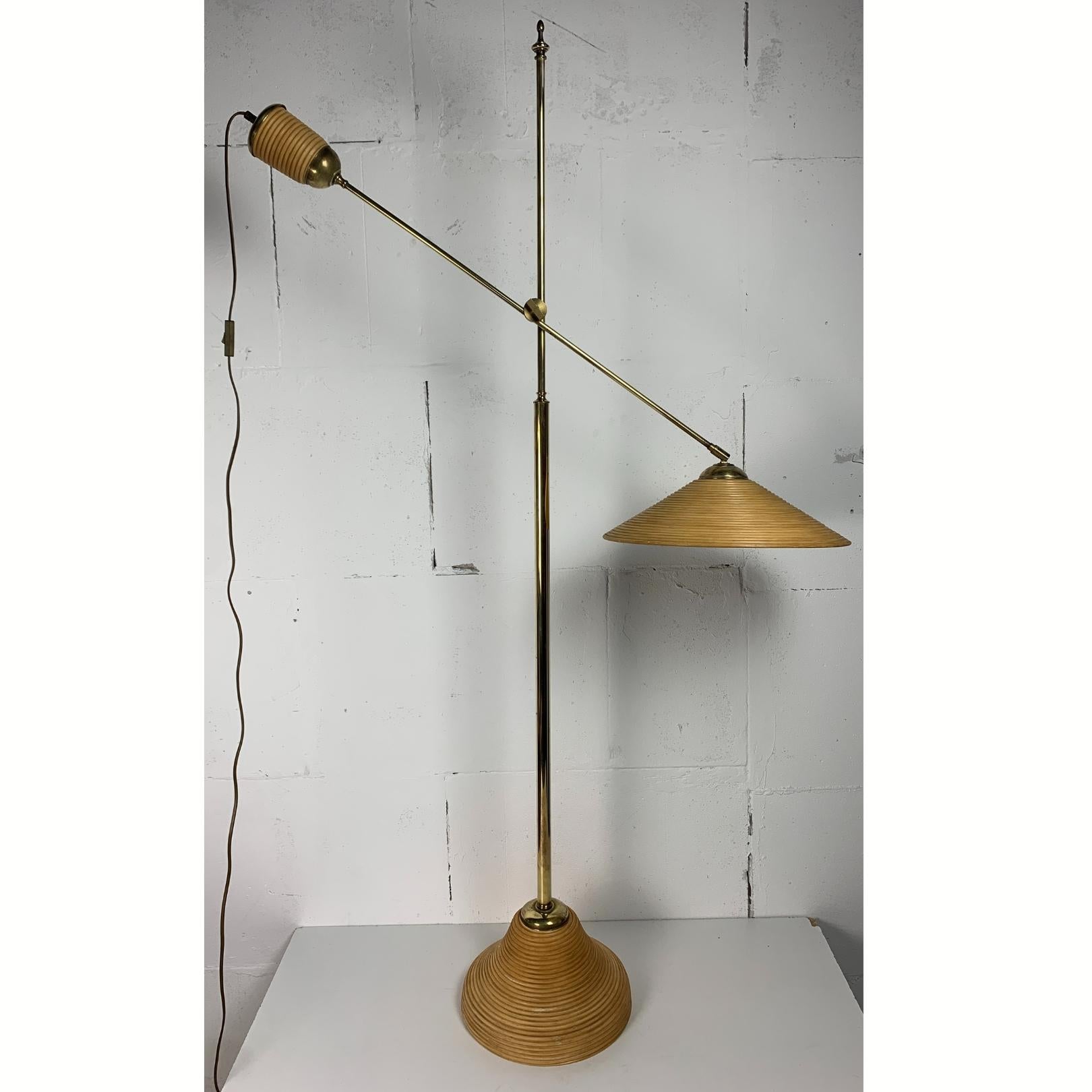 Mid-Century Modern Italian Adjustable Floor Lamp in Pencil Reed, Bamboo, Rattan and Brass, 1970s