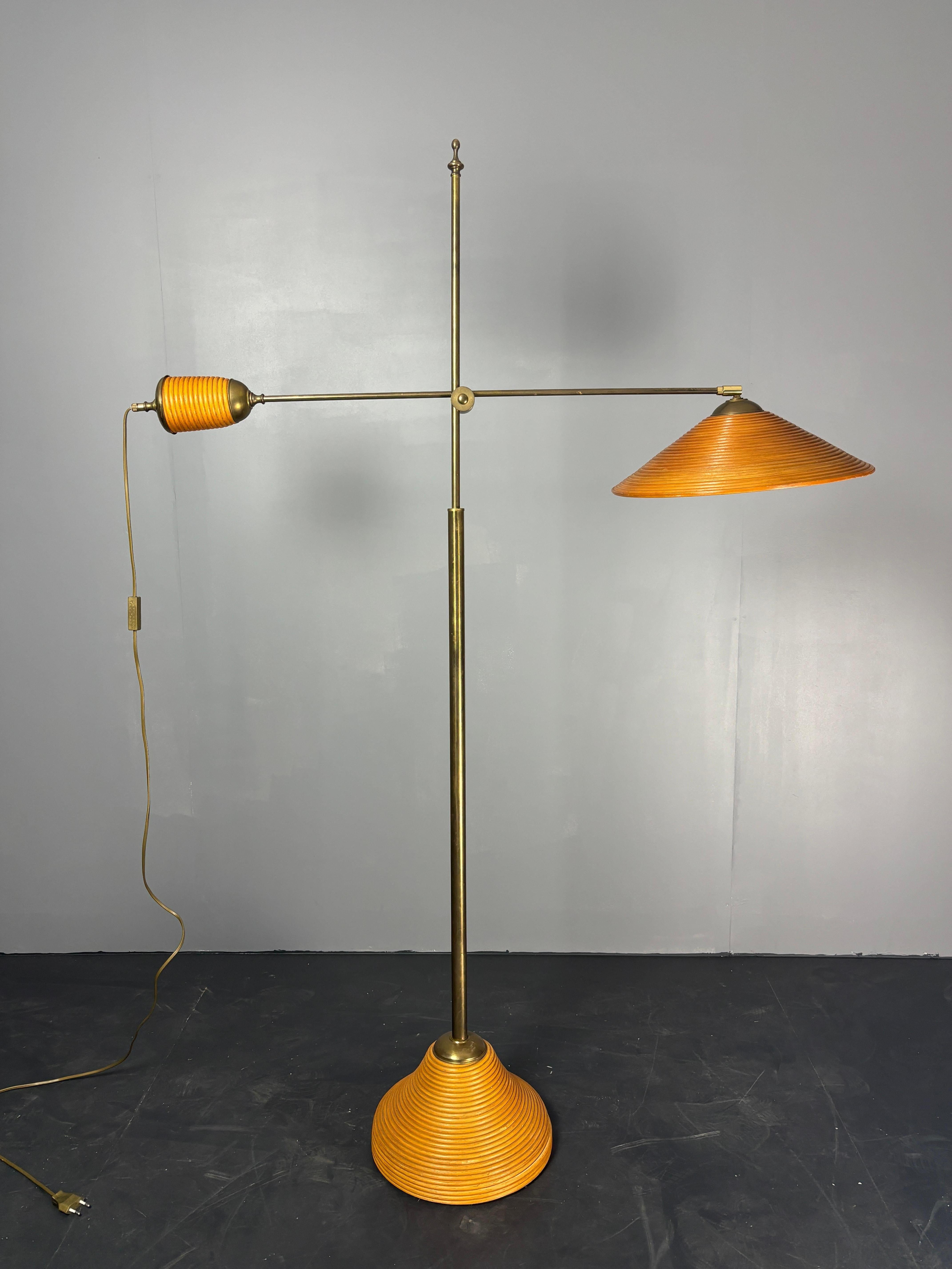 Mid-Century Modern Italian Adjustable Floor Lamp in Pencil Reed, Bamboo, Rattan and Brass, 1970s For Sale
