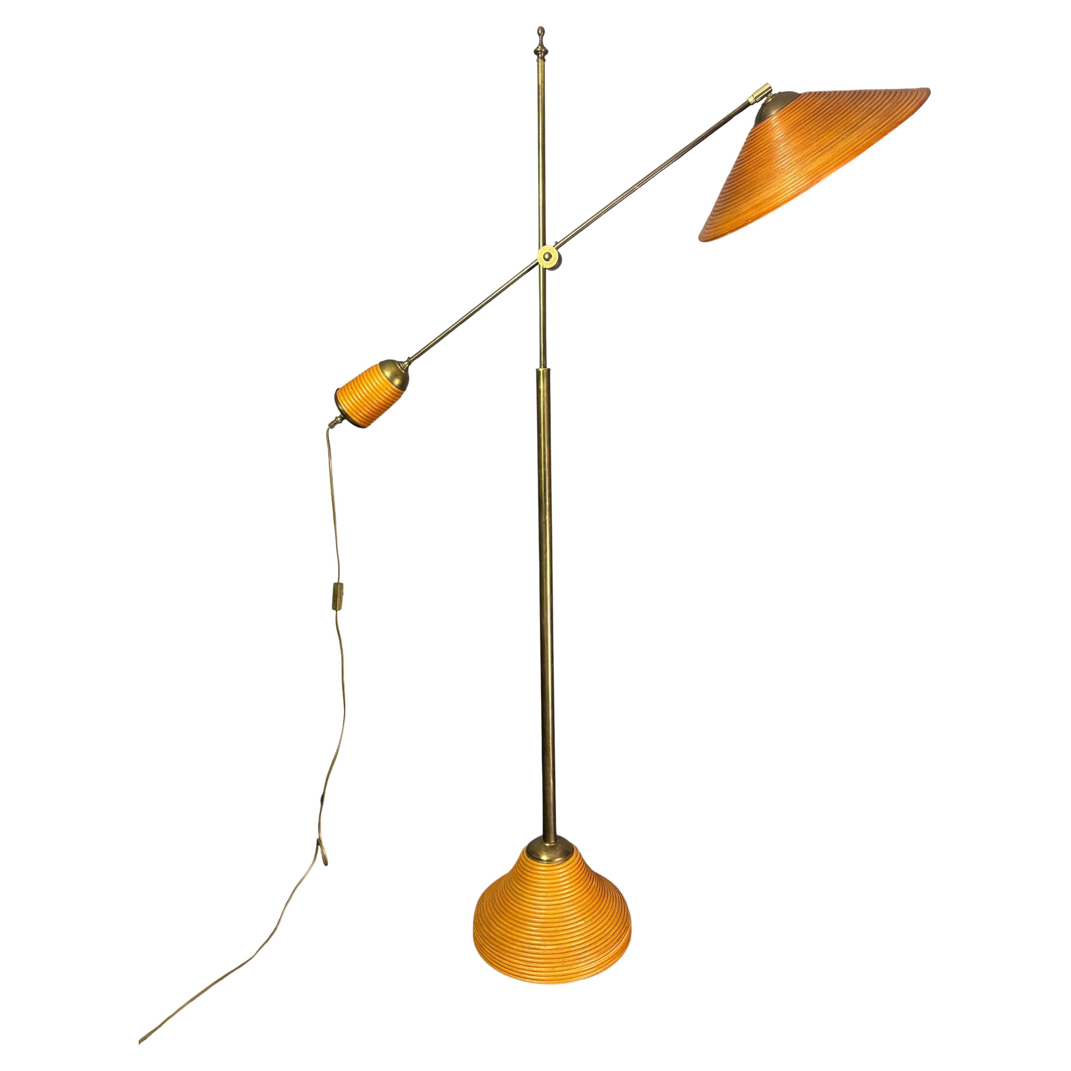Italian Adjustable Floor Lamp in Pencil Reed, Bamboo, Rattan and Brass, 1970s For Sale