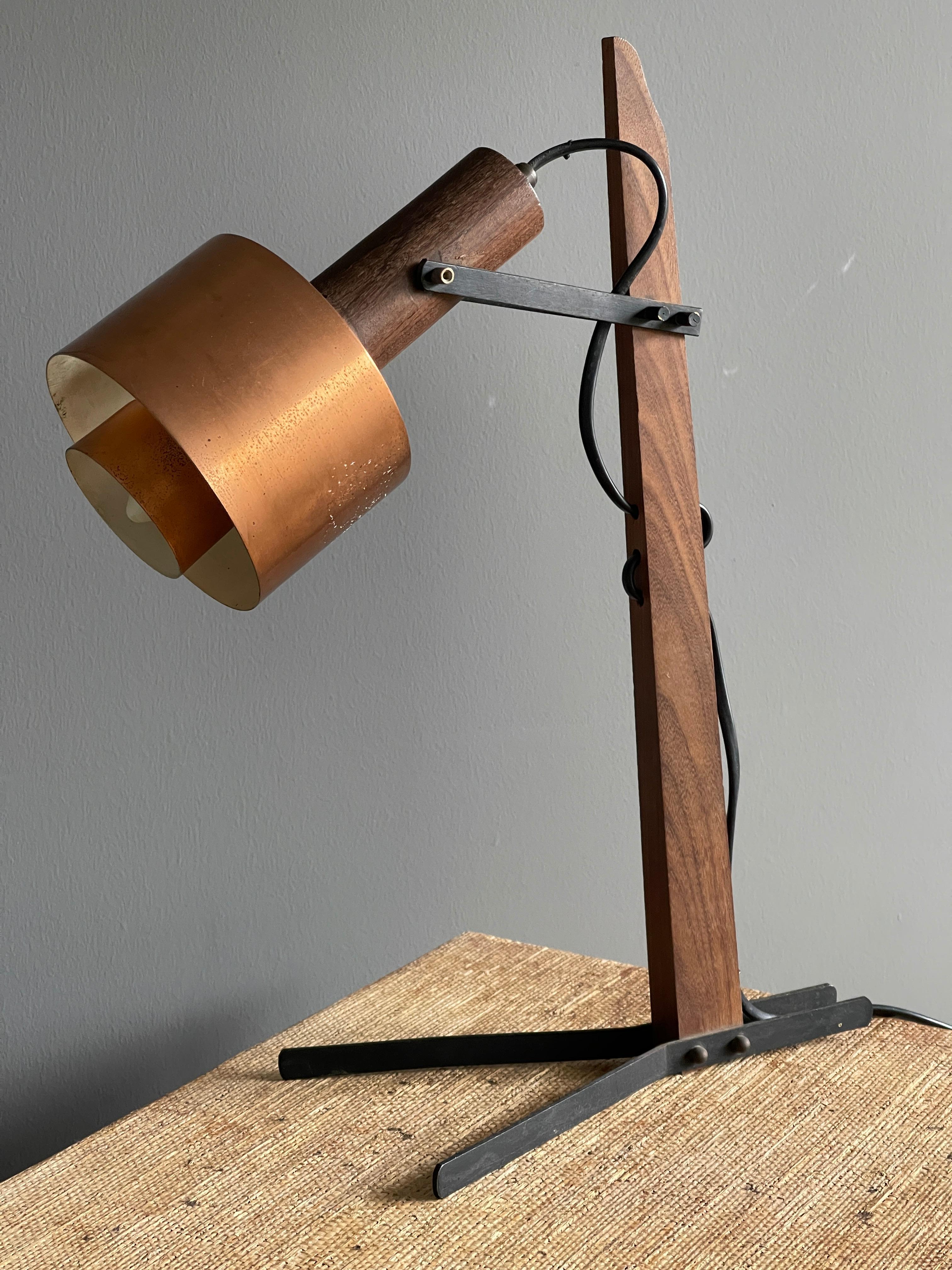 Mid-Century Modern Italian, Adjustable Modernist Table Lamp, Wood, Metal, & Copper, Italy, 1950s