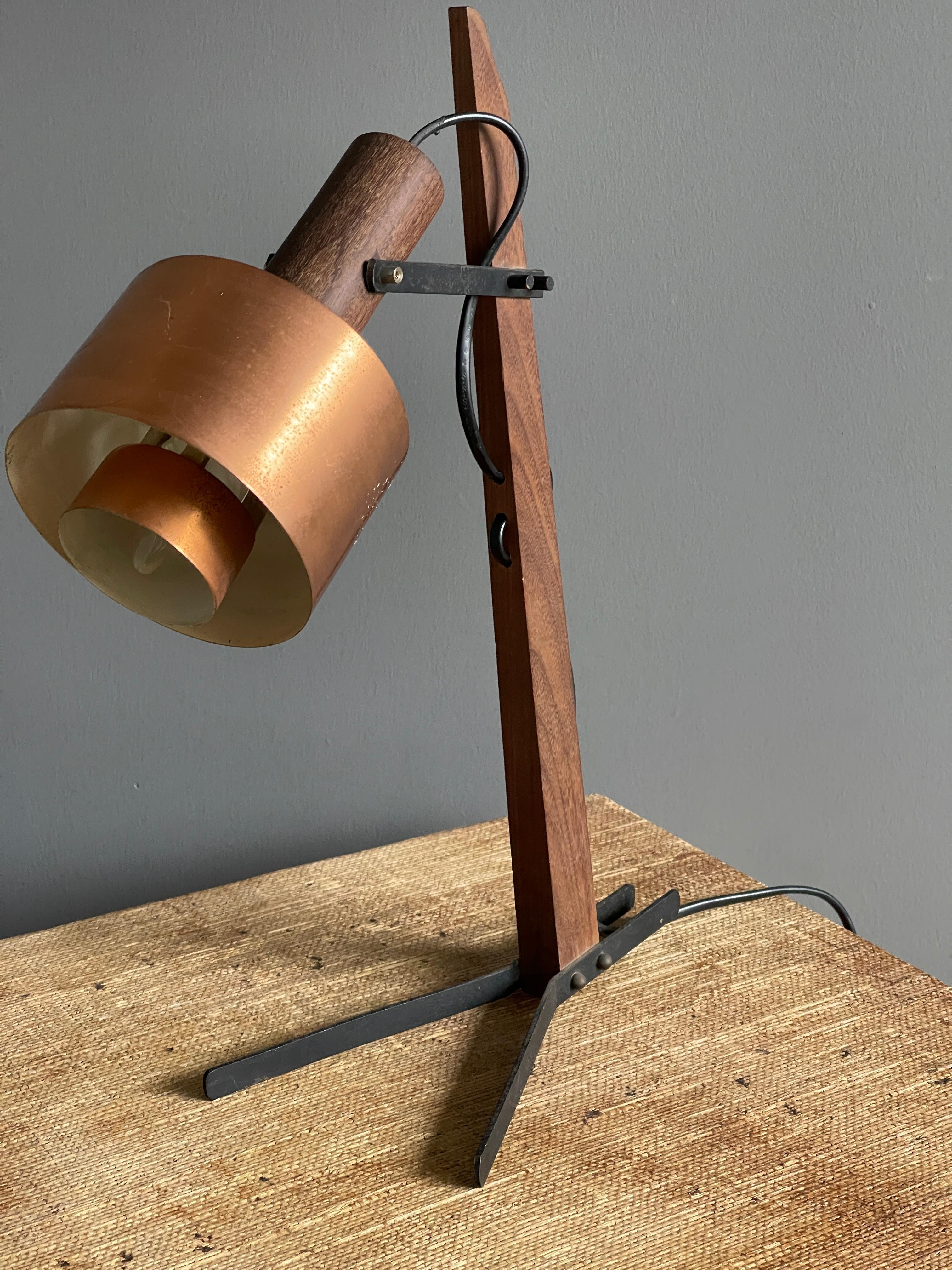 Italian, Adjustable Modernist Table Lamp, Wood, Metal, & Copper, Italy, 1950s 1