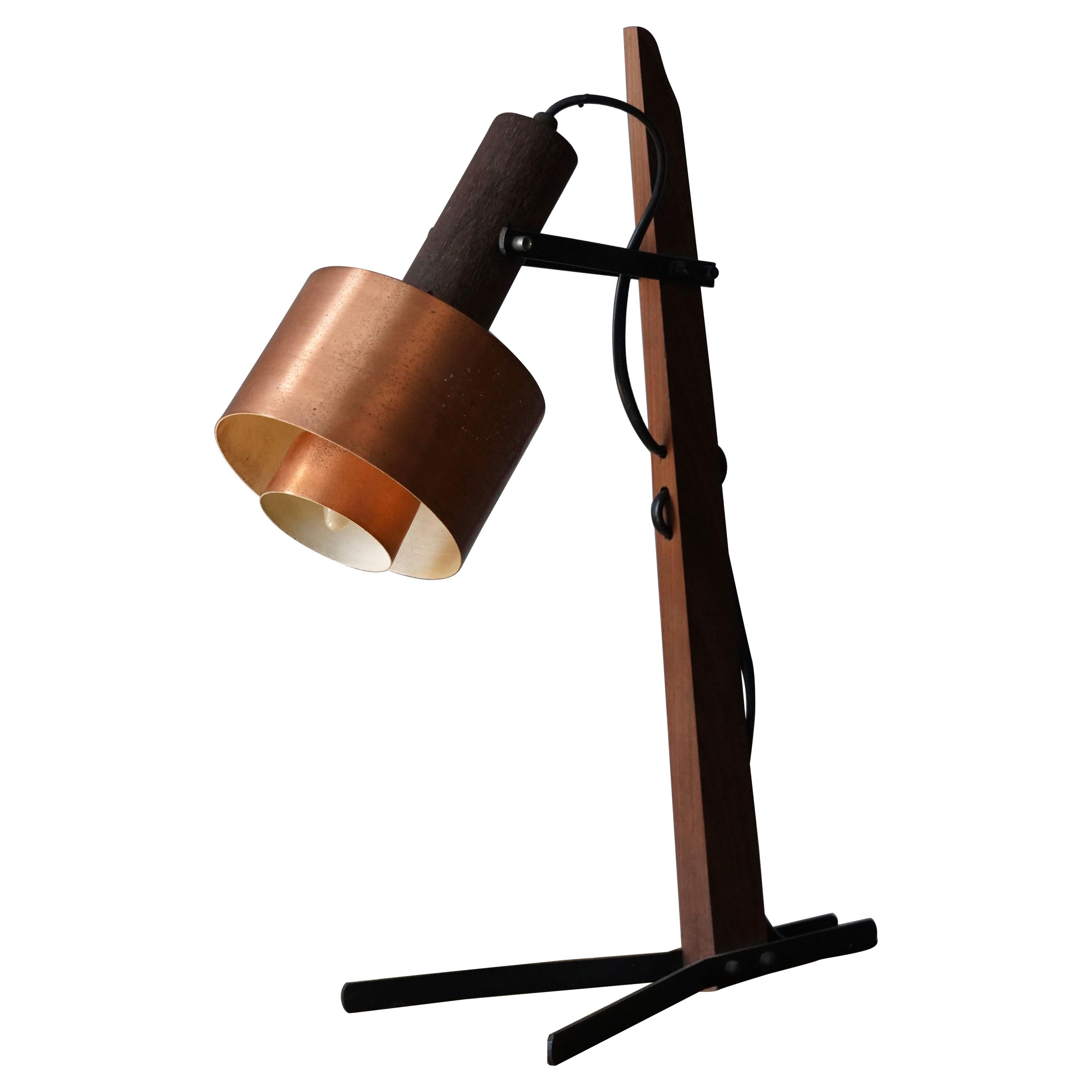 Italian, Adjustable Modernist Table Lamp, Wood, Metal, & Copper, Italy, 1950s