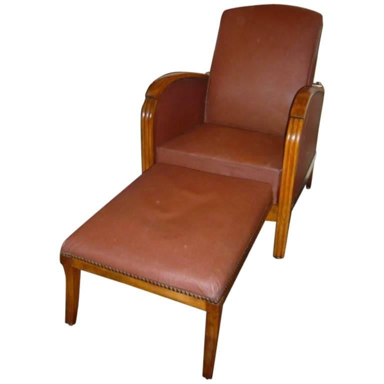Italian Adjustable Oak Armchairs with Ottoman and Faux Leather Cover from 1940s For Sale