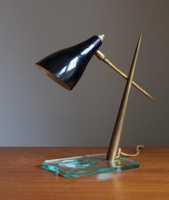 Italian, Adjustable Table Lamp, Brass, Lacquered Metal, & Glass, Italy, 1950s