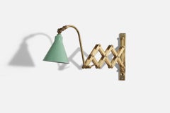 Italian, Adjustable Wall Light, Brass, Green Lacquered Metal, Italy, 1940s