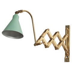 Italian, Adjustable Wall Light, Brass, Green Lacquered Metal, Italy, 1940s