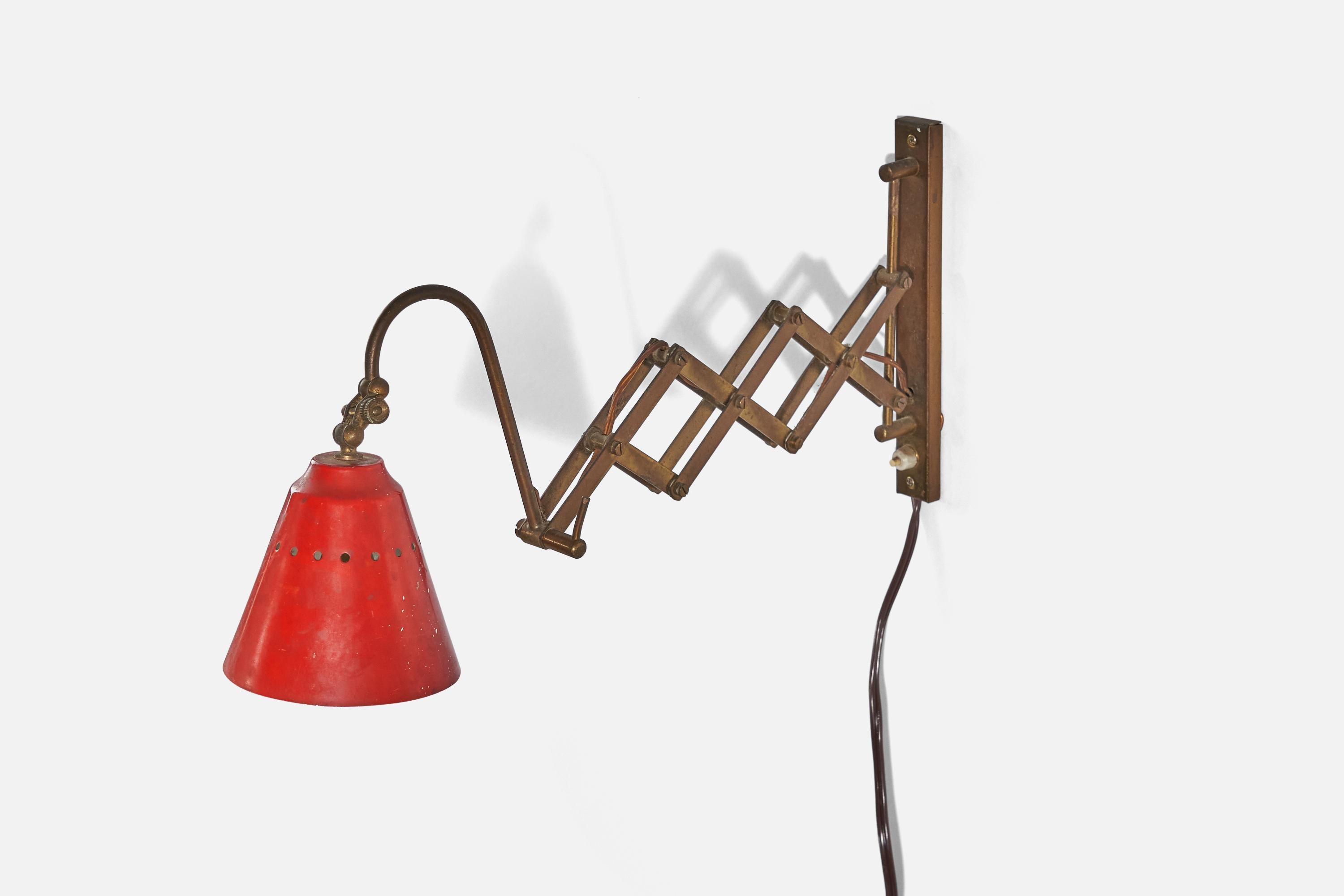Italian, Adjustable Wall Light, Brass, Red Lacquered Metal, Italy, 1940s 1