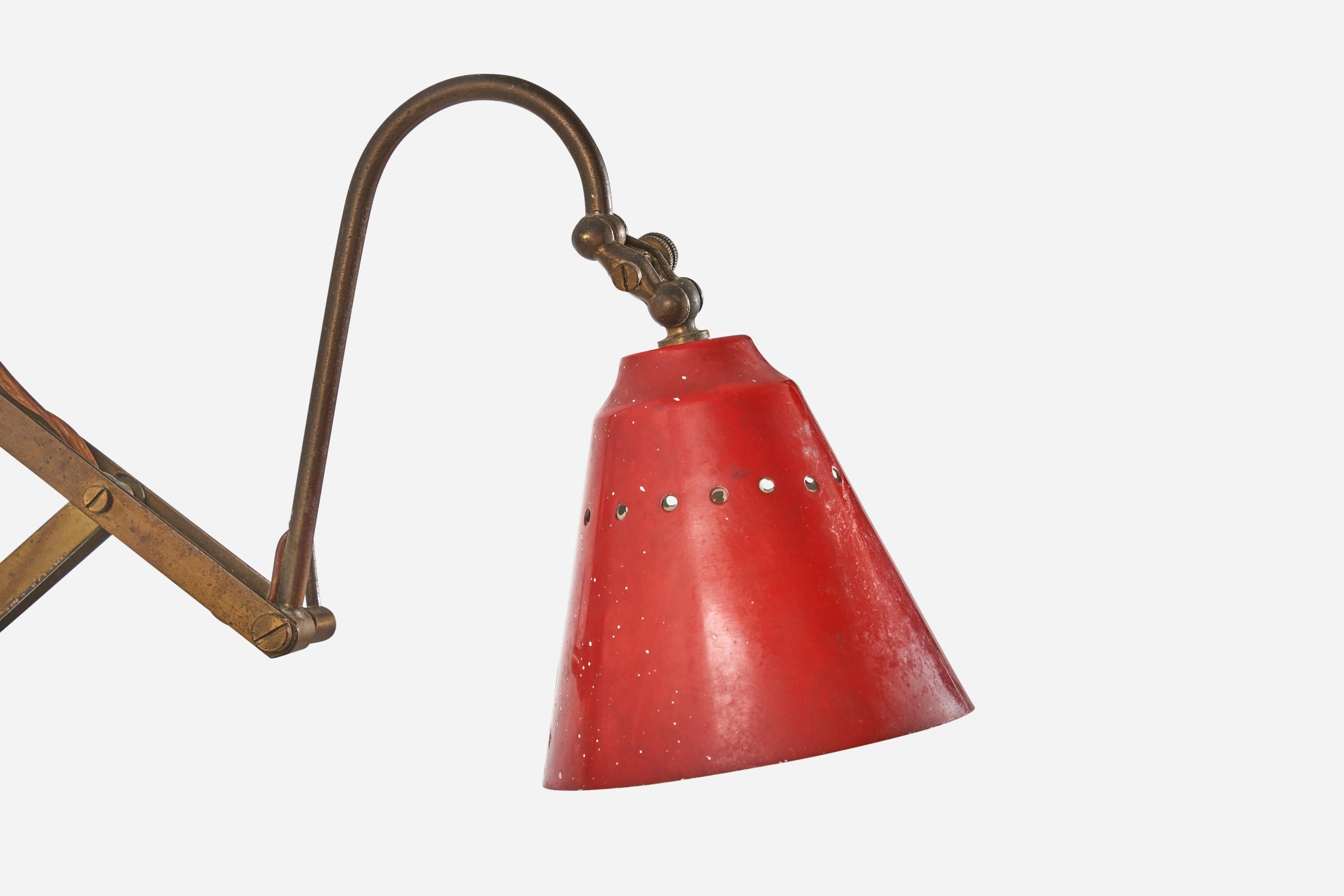 Italian, Adjustable Wall Light, Brass, Red Lacquered Metal, Italy, 1940s 2