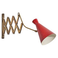 Italian, Adjustable Wall Light, Brass, Red Lacquered Metal, Italy, 1940s