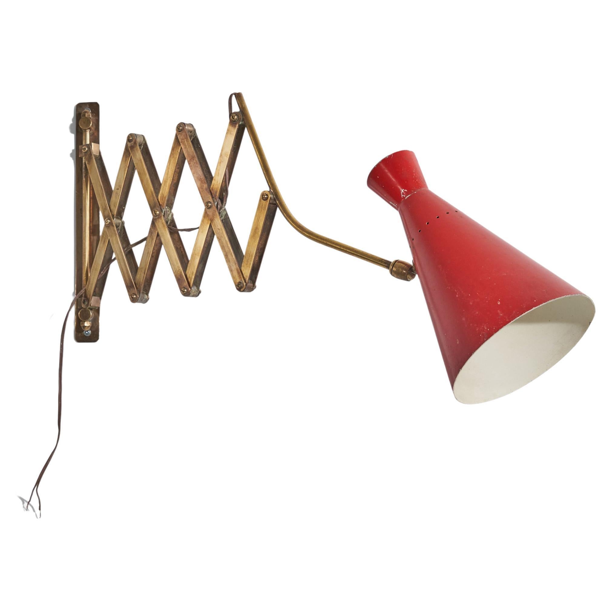Italian, Adjustable Wall Light, Brass, Red Lacquered Metal, Italy, 1940s For Sale
