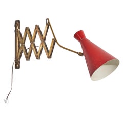 Italian, Adjustable Wall Light, Brass, Red Lacquered Metal, Italy, 1940s