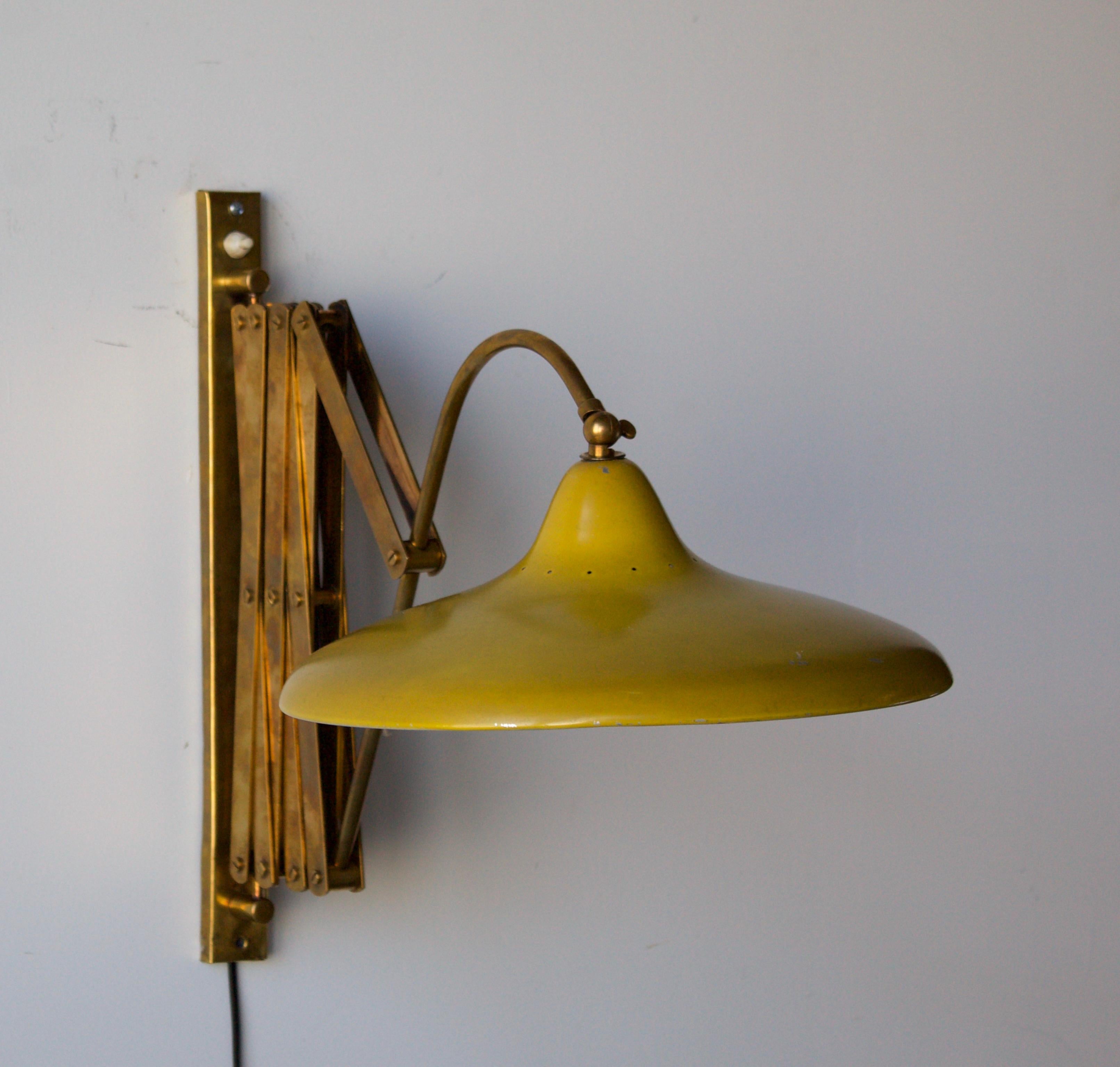 Mid-Century Modern Italian, Adjustable Wall Light, Brass, Yellow Lacquered Metal, Italy, 1940s
