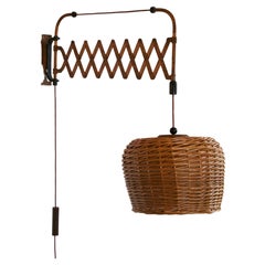Italian, Adjustable Wall Light, Copper, Rattan, Italy, 1940s