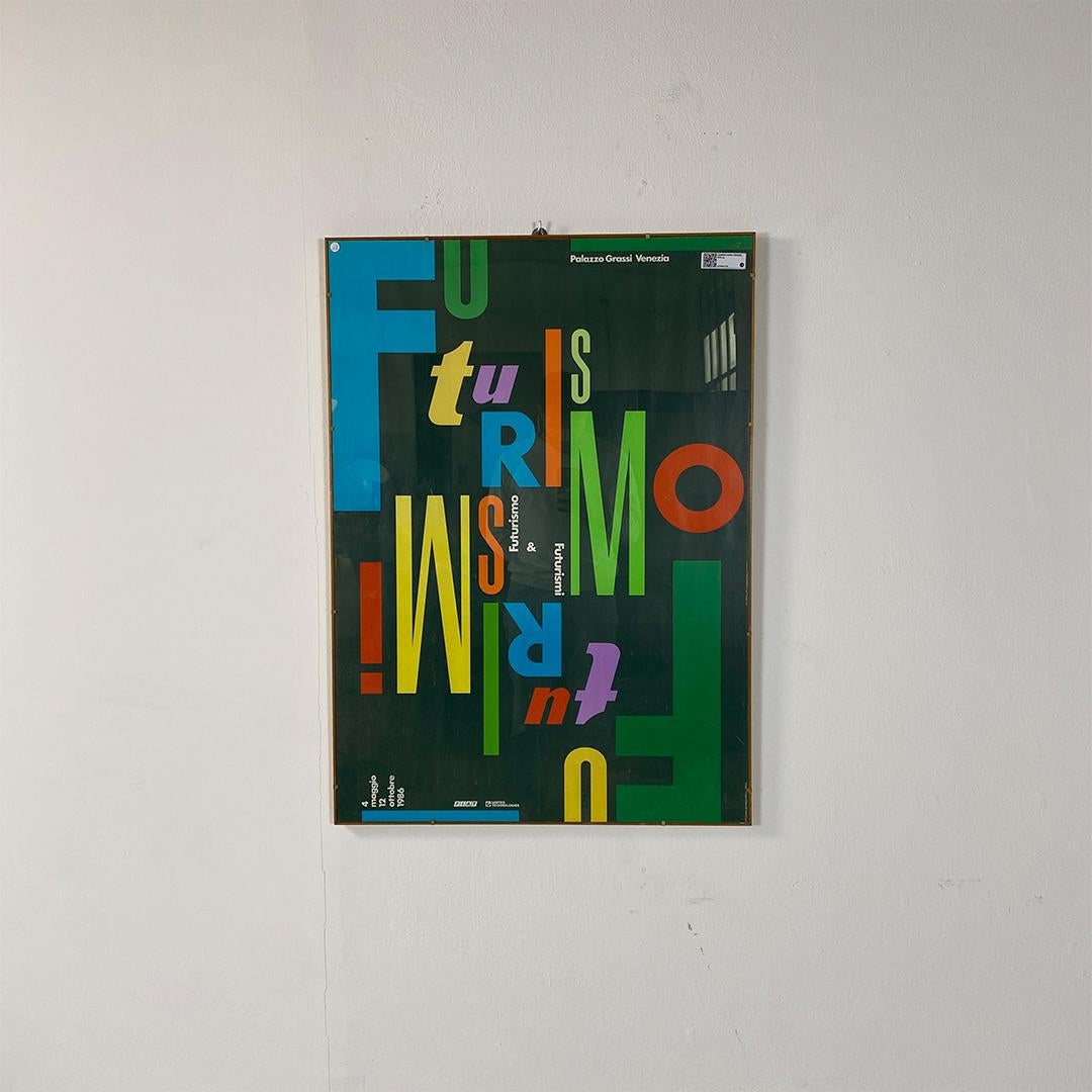 Italian modern multicolored advertising wall print by Pierluigi Cerri and Fabbri Group for exhibition on futurism held at Palazzo Grassi in Venice in 1986.
Advertising poster with a dark green background with various and multicolored lettering, to