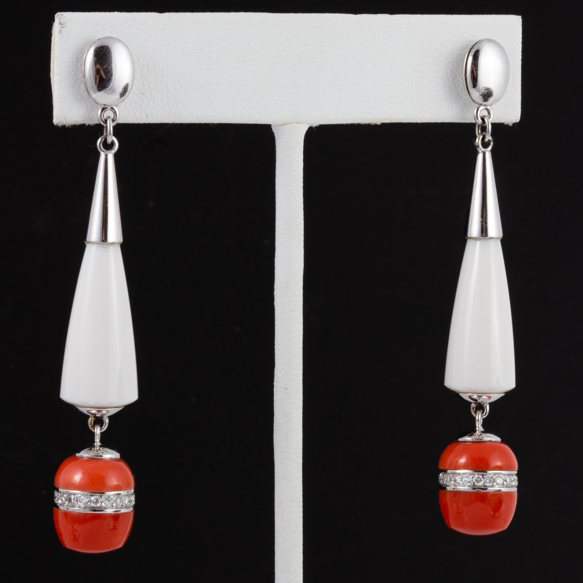 Amazing one of a kind earrings with agate, coral and diamonds.  Handcrafted by a renowned Italian lapidary specialist in Milan.

Created by noted jewelry designer David Meelheim Designs, David creates unique pieces incorporating rare, fine, and
