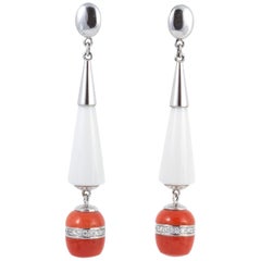 Used Italian Agate and Coral Earrings, 18 Karat Gold Handcrafted in Milan