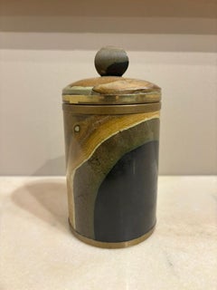 Italian Agate Hard Stone Round Box With Lid, Brass Mounts