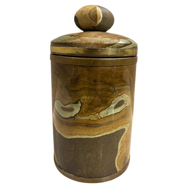 Italian Agate Hard Stone Round Box With Lid, Brass Mounts For Sale