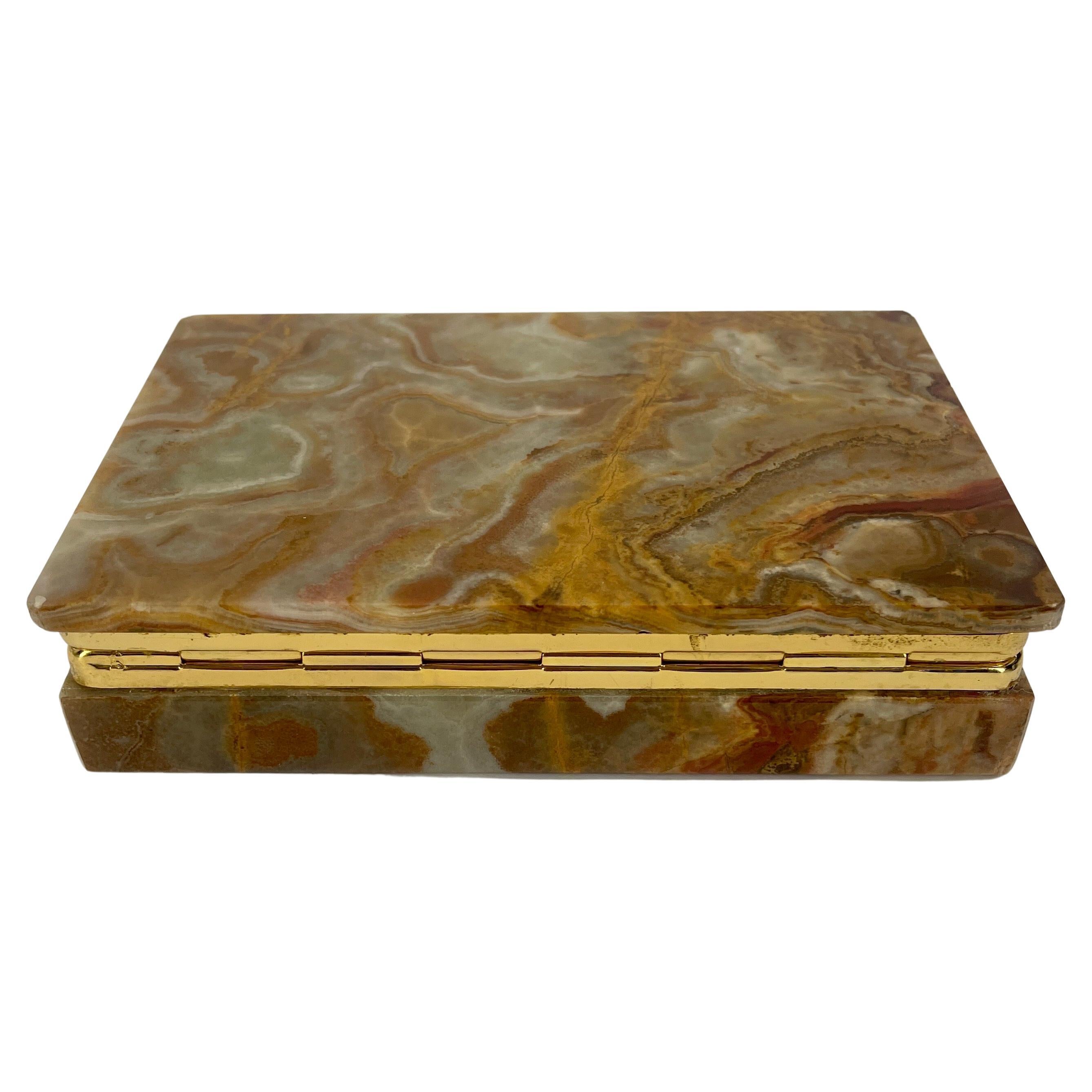 Vintage Hollywood Regency Agate Gilt Brass Jewelry Box Circa 1960's, Italy

Brass rectangular jewelry box from Italy. Wonderful piece standing alone on a vanity table, dressing area  or perfect addition to any home displayed on a coffee table. This