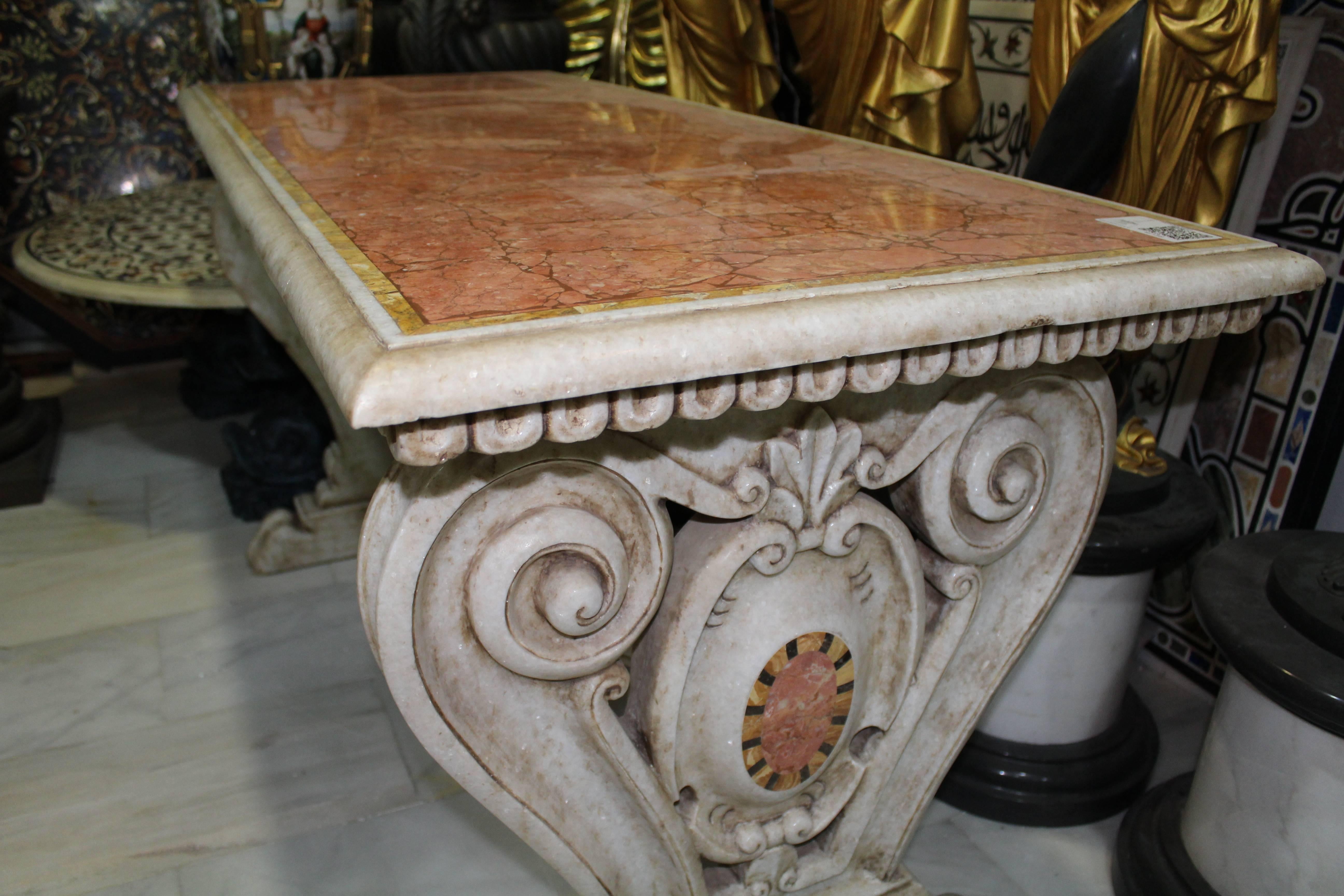 Hand-Carved Italian Aged Carrara Marble Mosaic Table in Florentine Pietre Dure Style